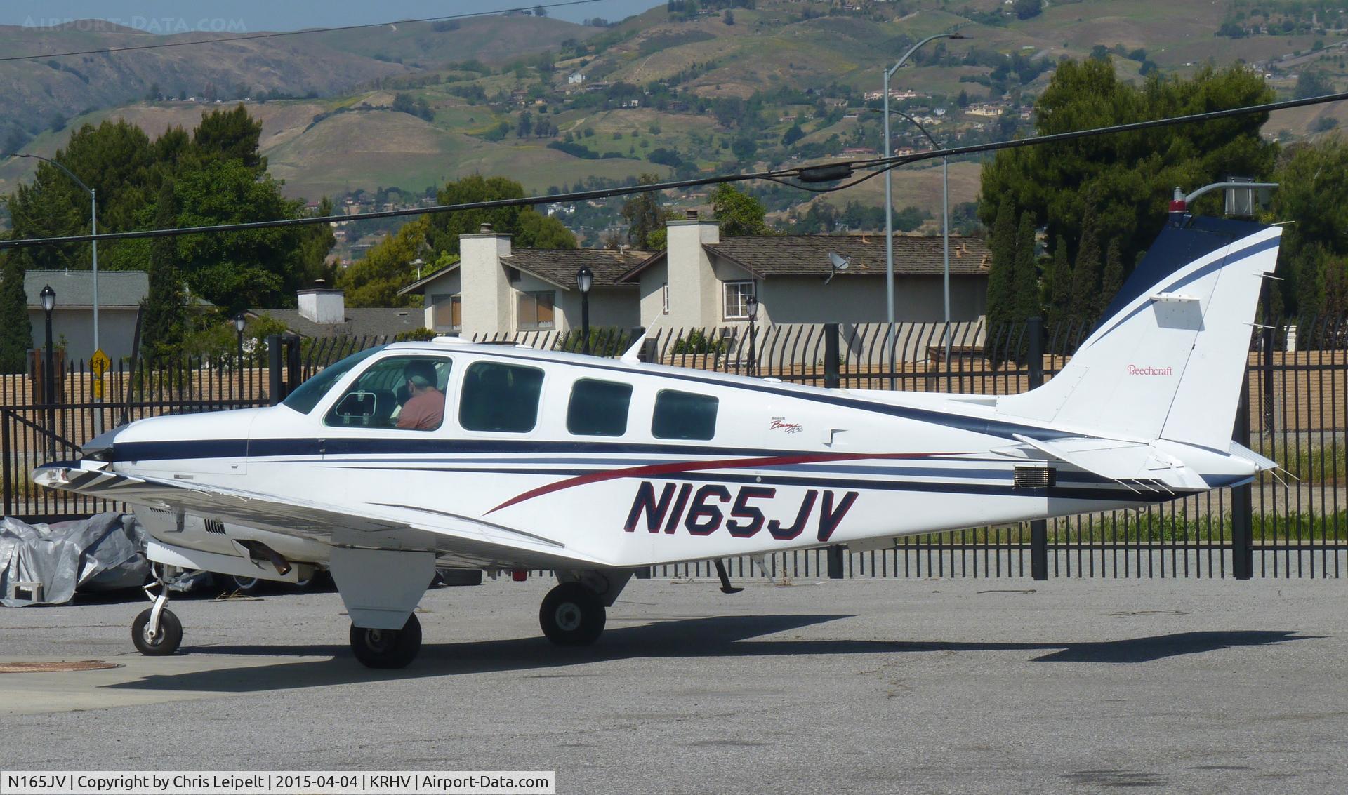 N165JV, 1998 Raytheon Aircraft Company A36 Bonanza C/N E-3180, A 1998 Beechcraft A36 Bonanza parked at Aero Dynamic Aviation to drop off passengers, then reposition to transient parking at Reid Hillview Airport, CA.