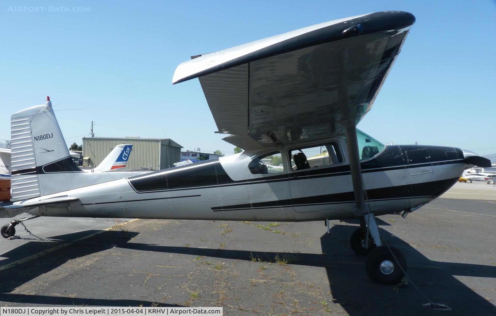 N180DJ, 1954 Cessna 180 C/N 31154, A local 1954 Cessna 180 sitting at its tie down near Trade Wind's hangar at Reid Hillview Airport, CA.