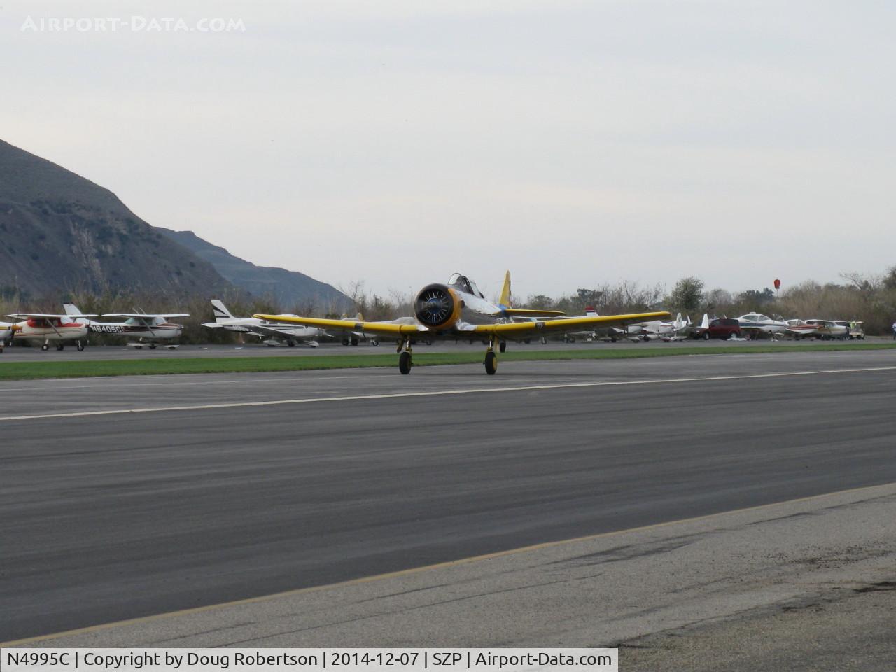 N4995C, 1949 North American T-6G Texan C/N 168-481, 1949 North American T-6G TEXAN 'Thirsty Girl' of Condor Squadron, 1949 factory reman, P&W R-1340 600 Hp, takeoff roll Rwy 04, see flour bombing commemorative sequences to be uploaded under Airports-SZP.