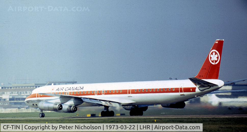 CF-TIN, 1969 Douglas DC-8-63 C/N 46036, DC-8-63 of Air Canada preparing to depart from Heathrow in the Spring of 1973.