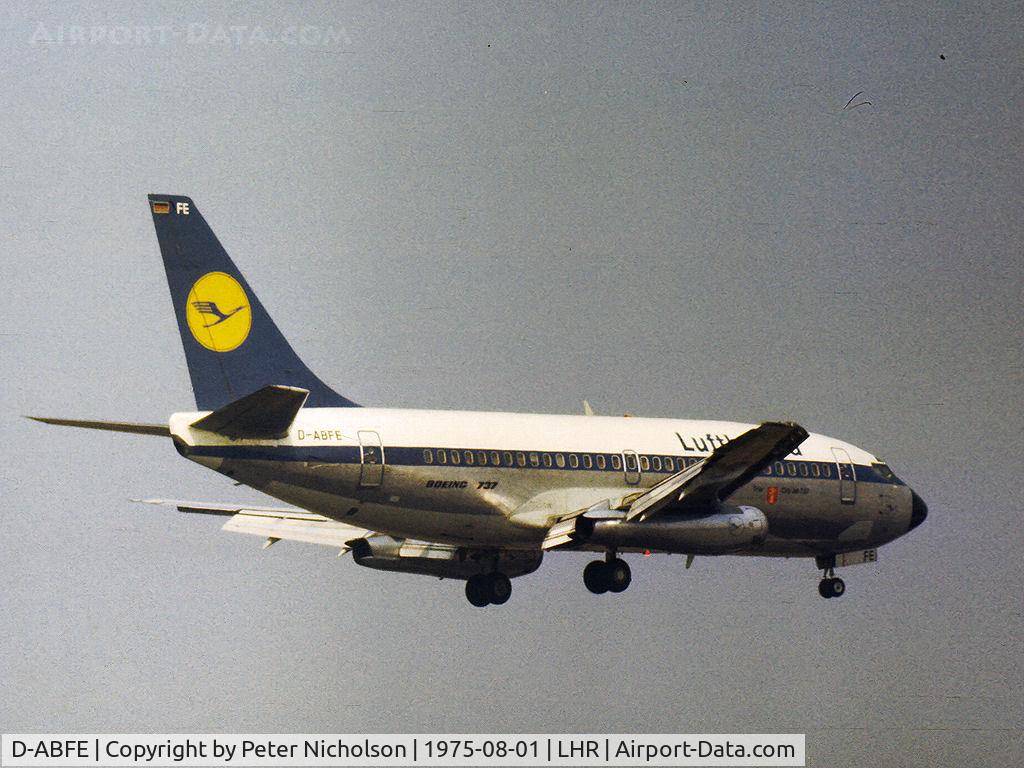 D-ABFE, 1970 Boeing 737-230C C/N 20256, Boeing 737-230C of Lufthansa on final approach to Heathrow in the Summer of 1975.