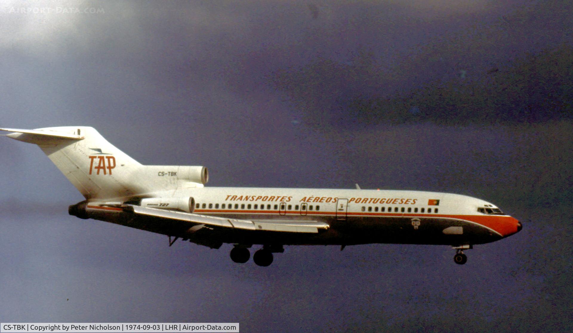 CS-TBK, 1967 Boeing 727-82 C/N 19404, Boeing 727-82 of TAP Air Portugal on approach to Heathrow in the Summer of 1974.