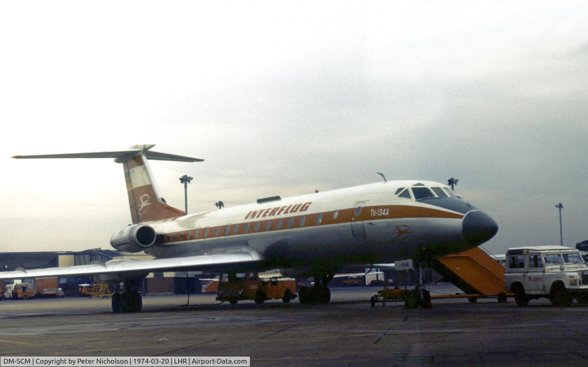 DM-SCM, 1973 Tupolev Tu-134A C/N 3351904, Tupolev Tu-134A of Interflug as seen at Heathrow in the Spring of 1974.