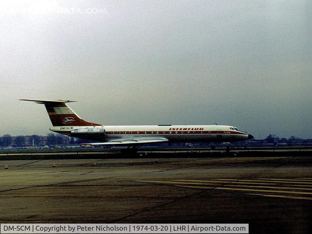 DM-SCM, 1973 Tupolev Tu-134A C/N 3351904, Interflug Tupolev Tu-134A seen preparing to depart from Heathrow in the Spring of 1974.