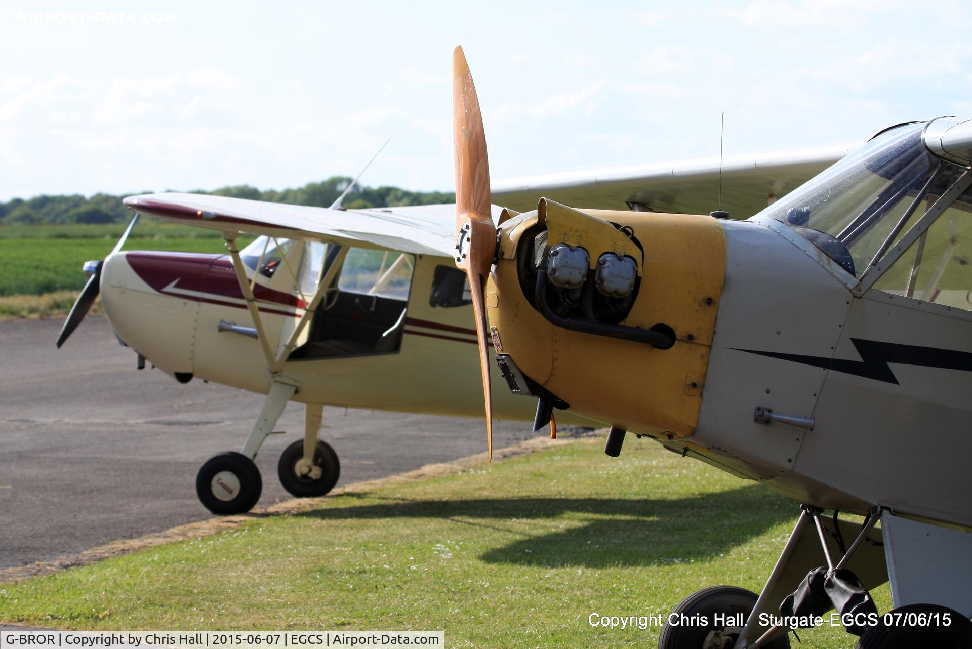 G-BROR, 1943 Piper L-4H Grasshopper (J3C-65D) C/N 10885, with G-AJJS at Sturgate
