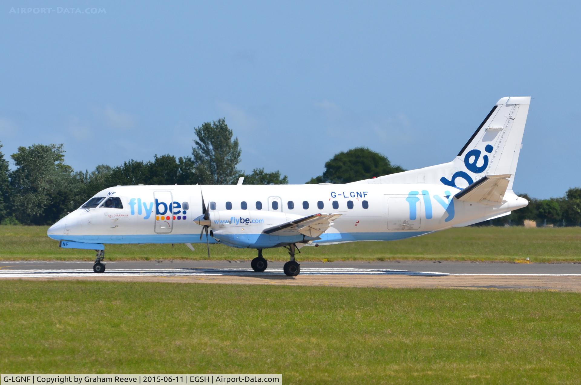 G-LGNF, 1990 Saab SF340B C/N 340B-192, About to take off from Norwich.