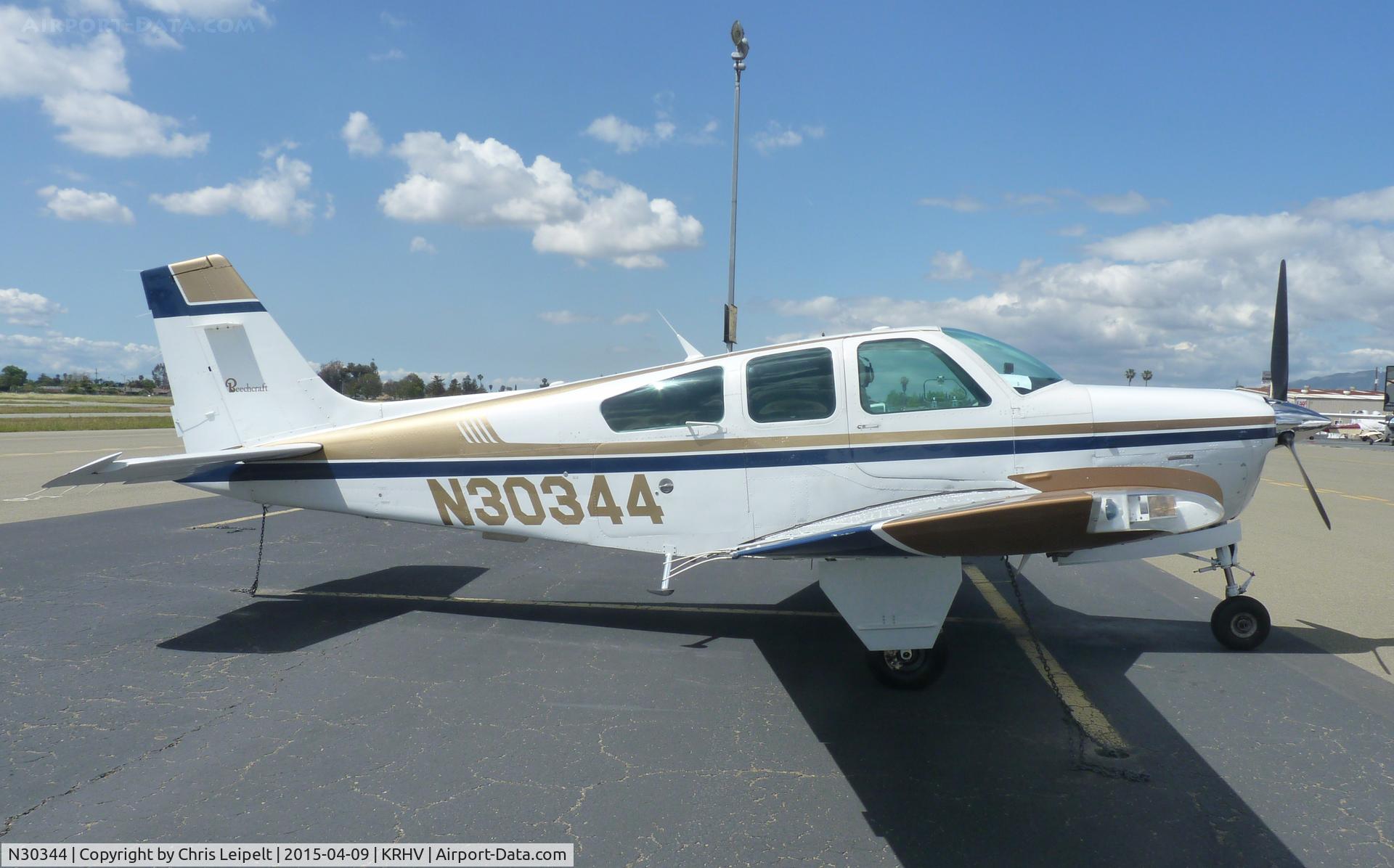 N30344, 1987 Beech F33A Bonanza C/N CE-1111, A transient 1987 Beechcraft Bonanza F33A (WOODLAND HILLS CA)  tied down at transient parking at Reid Hillview Airport, CA.