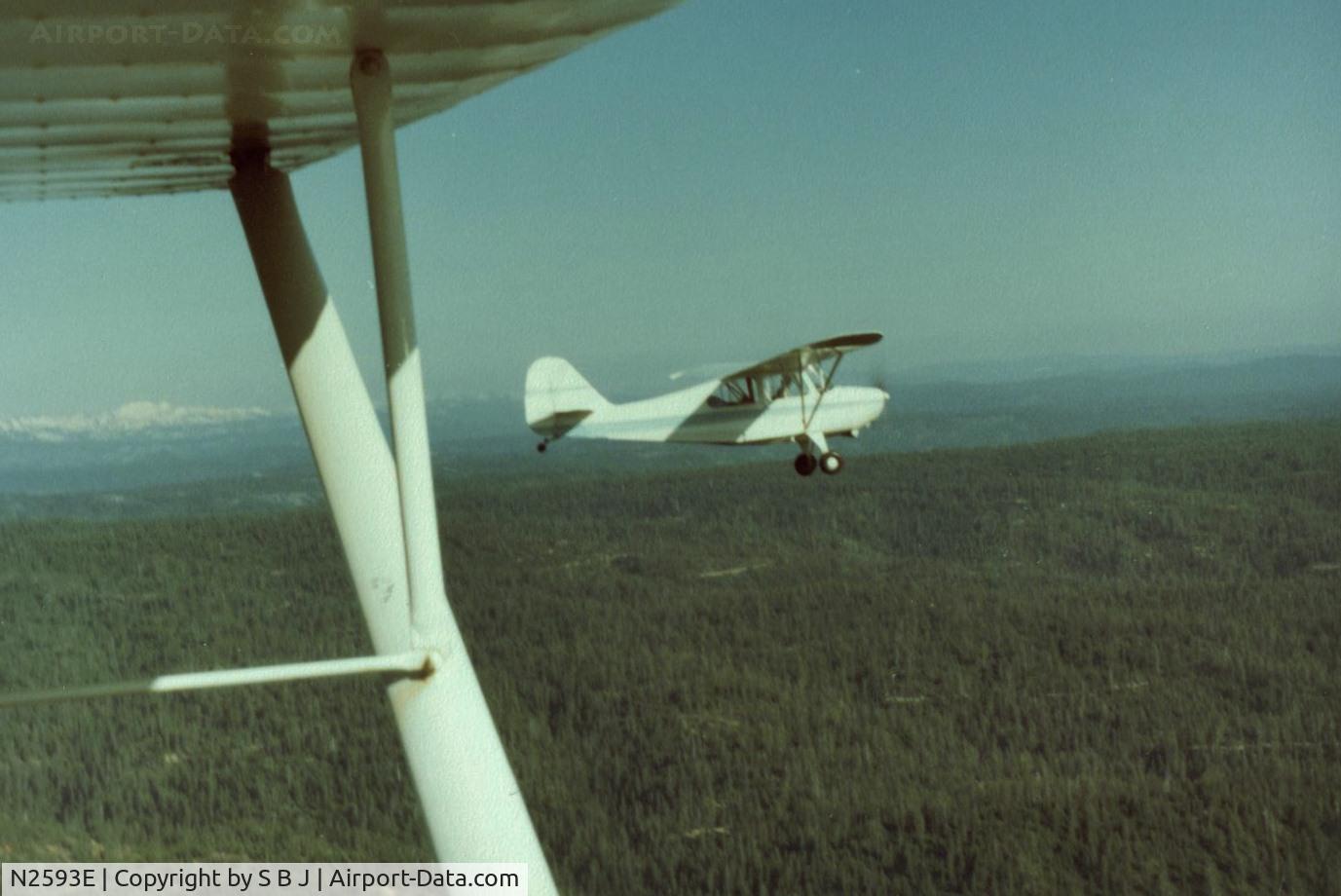 N2593E, 1946 Aeronca 7AC Champion C/N 7AC-6175, 93E with 78E as we fly west near Placerville,Ca. returning from Carson City,Nv. This was the day I decided to sell 93E.My old Chief 78E (owned 3 times)badly outperformed 93E which I found disappointing.The Sierras do test an airplane!!!
