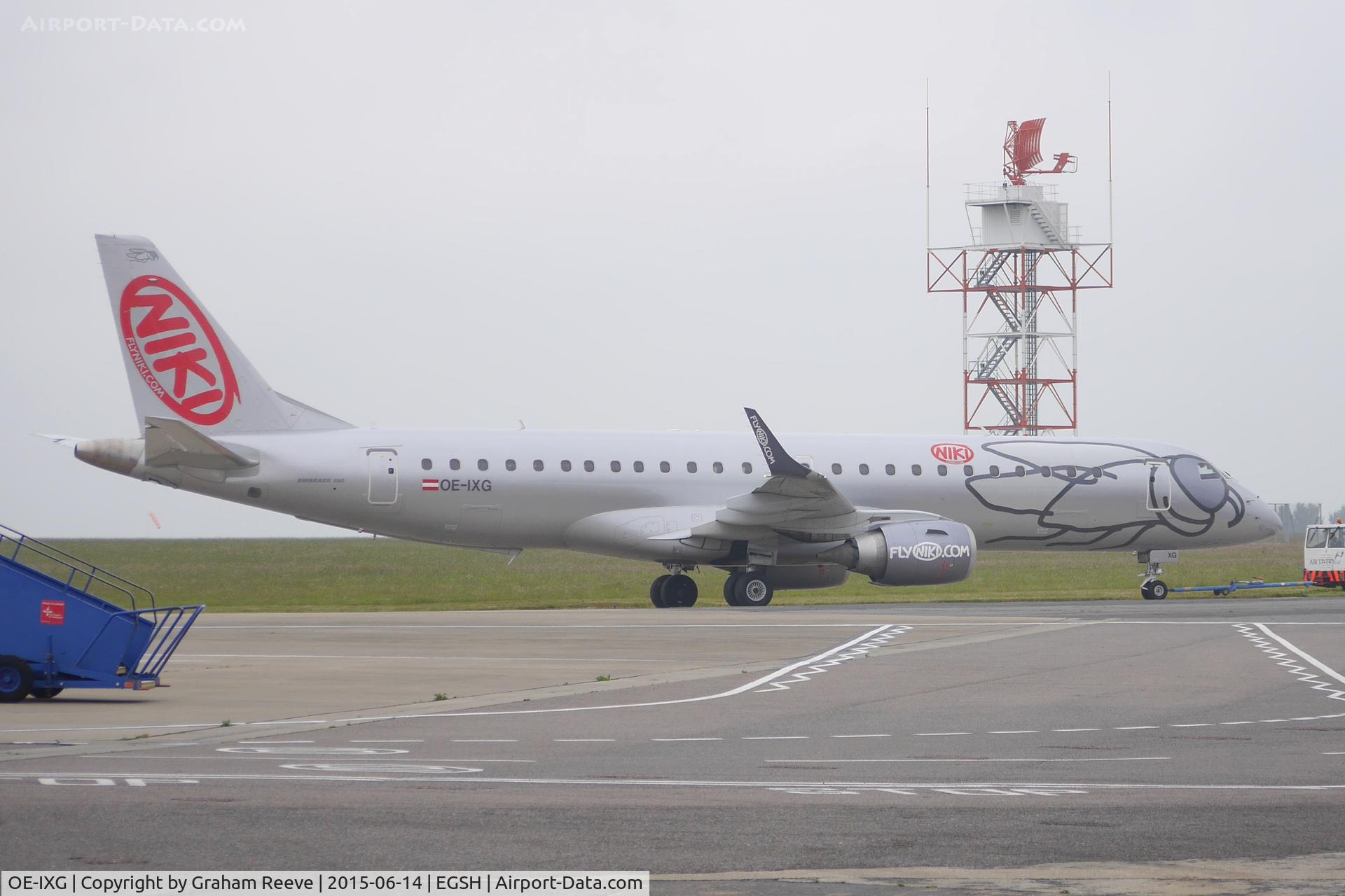 OE-IXG, 2011 Embraer 190LR (ERJ-190-100LR) C/N 19000435, Under tow at Norwich having just landed.
