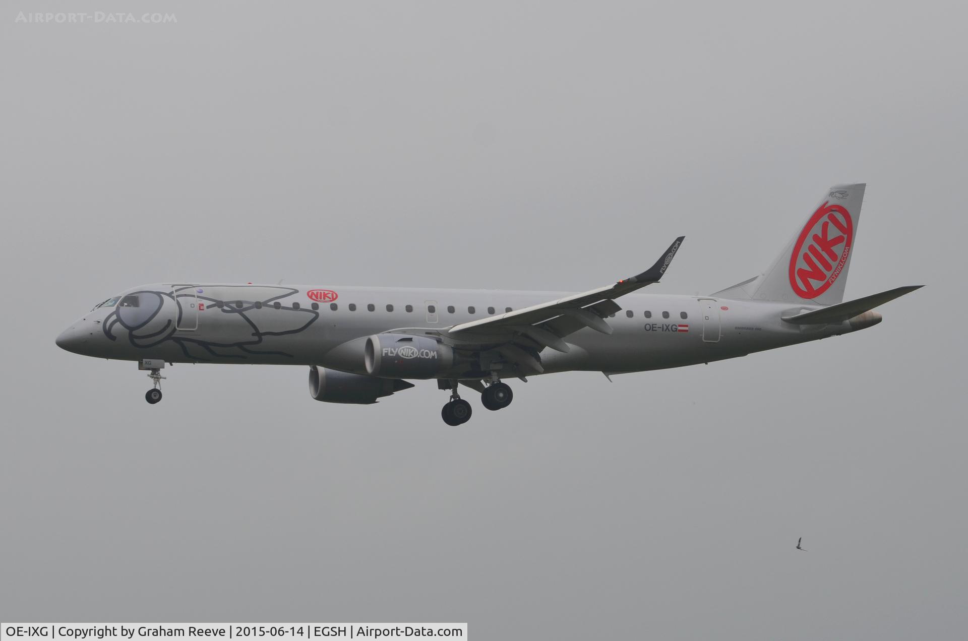 OE-IXG, 2011 Embraer 190LR (ERJ-190-100LR) C/N 19000435, About to land at Norwich.