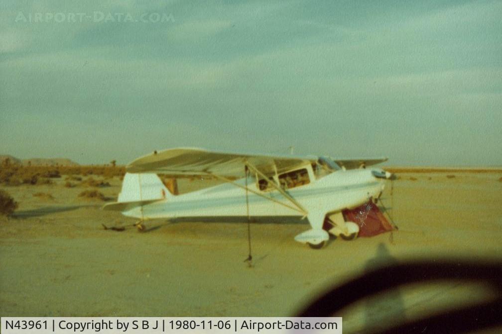 N43961, 1946 Taylorcraft BC12-D C/N 7620, 961 doing an over night  on El Mirage dry lake in the Mojave Desert.