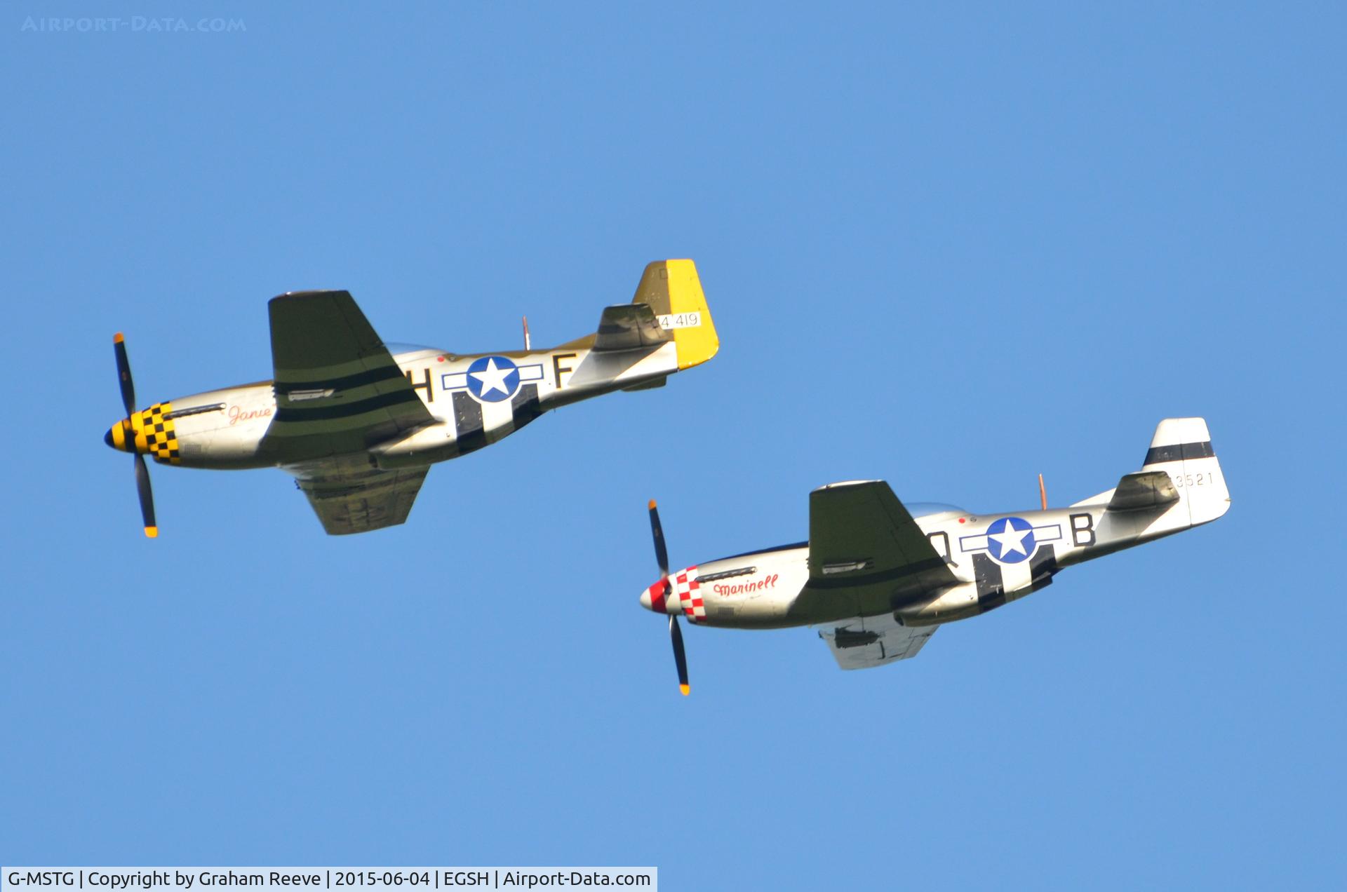 G-MSTG, 1945 North American P-51D Mustang C/N 124-48271, With G-MRLL, performing at Wensum Valley near Norwich.