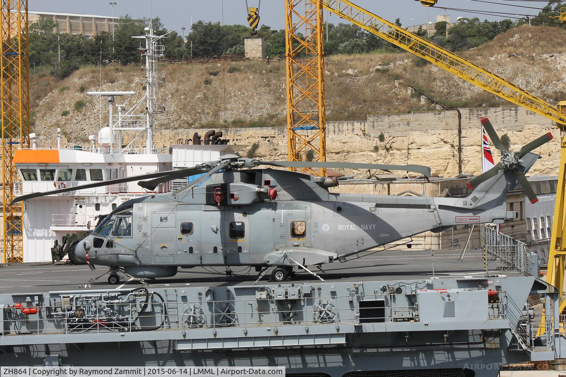 ZH864, AgustaWestland EH-101 Merlin HM.2 C/N 50179/RN44/MCSP14, AgustaWestland EH-101 Merlin ZH864 Royal Navy aboard HMS Bulwark in the Malta Grand Harbour.