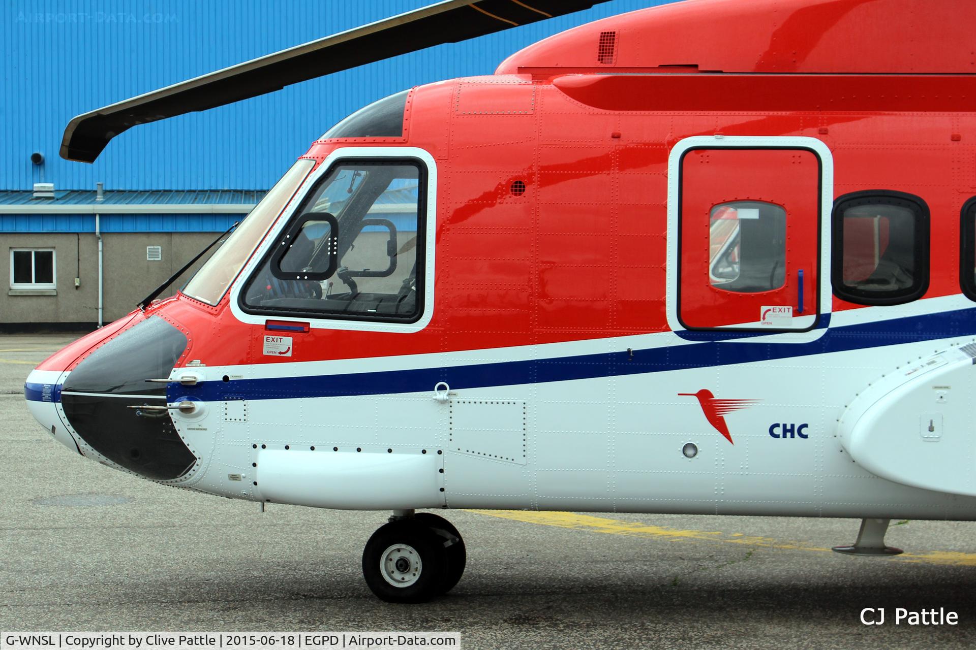 G-WNSL, 2014 Sikorsky S-92A C/N 920241, Nose detail whilst parked up at Aberdeen Airport, Scotland EGPD