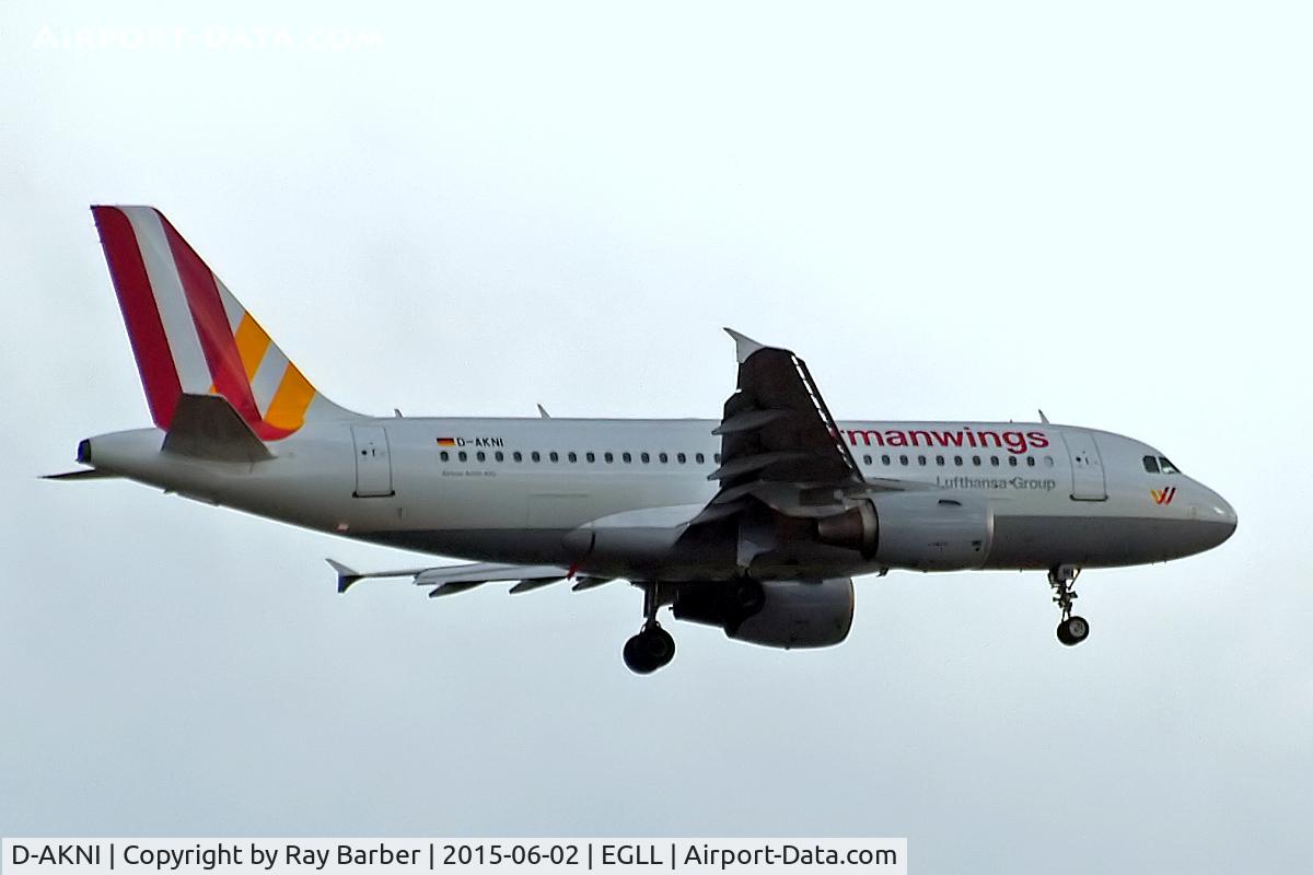 D-AKNI, 1999 Airbus A319-112 C/N 1016, Airbus A319-112 [1016] (Germanwings) Home~G 02/06/2015. On approach 27L.