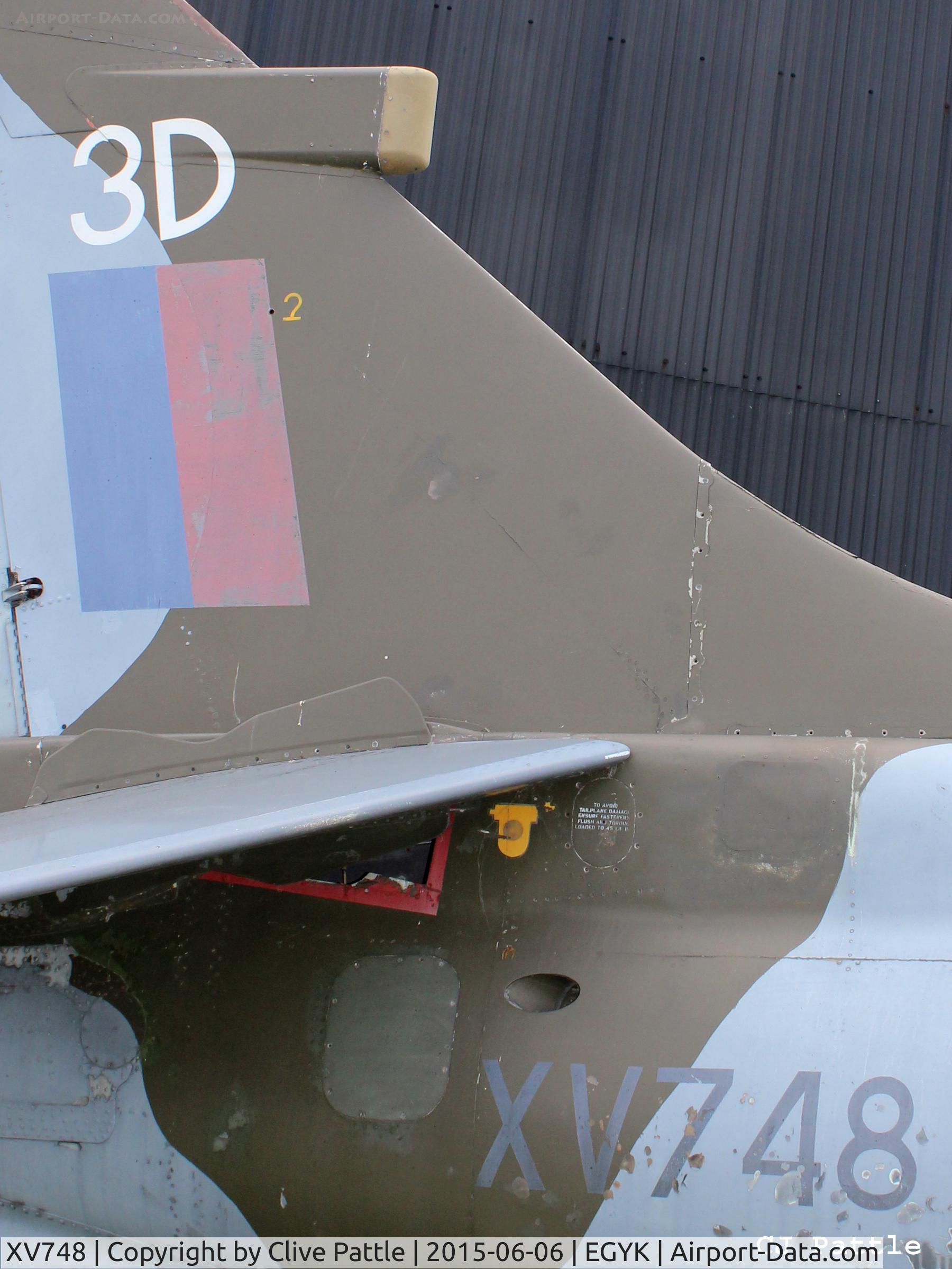 XV748, 1969 Hawker Siddeley Harrier GR.3 C/N 712011, Close up Harrier GR.3 tail detail - On display at the Yorkshire Air Museum, Elvington, Yorks, UK former EGYK