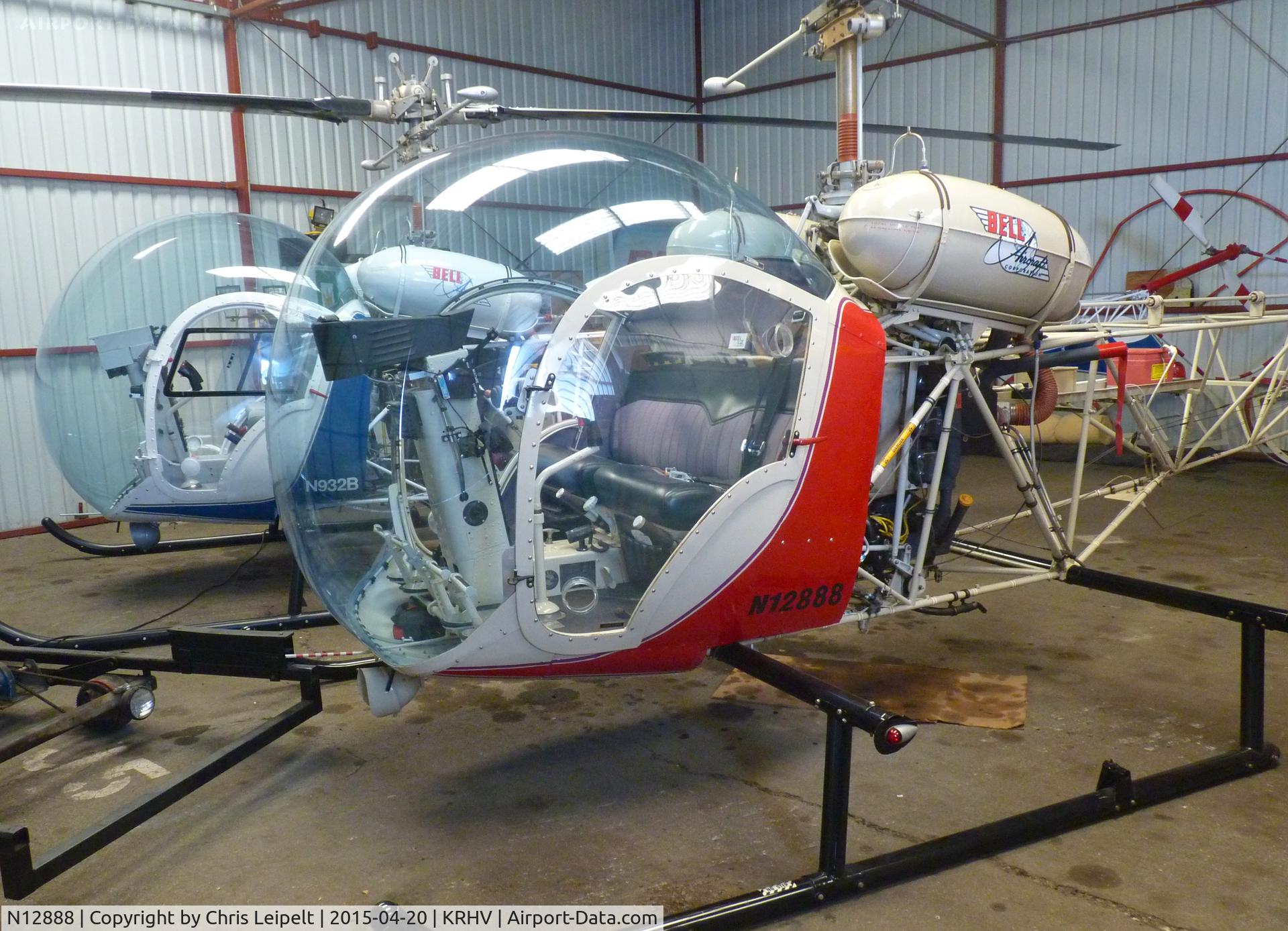 N12888, 1947 Bell 47D C/N 20, A local 1947 Bell 47D inside its hangar at Reid Hillview Airport, CA.