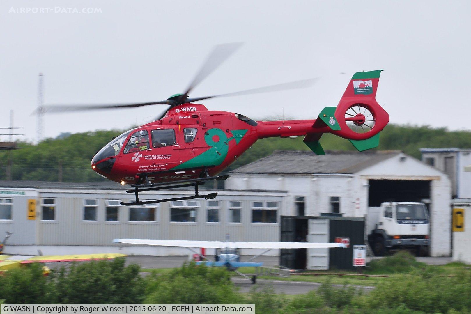 G-WASN, 2008 Eurocopter EC-135T-2+ C/N 0746, Wales Air Ambulance helicopter (Helimed 57) departing base.