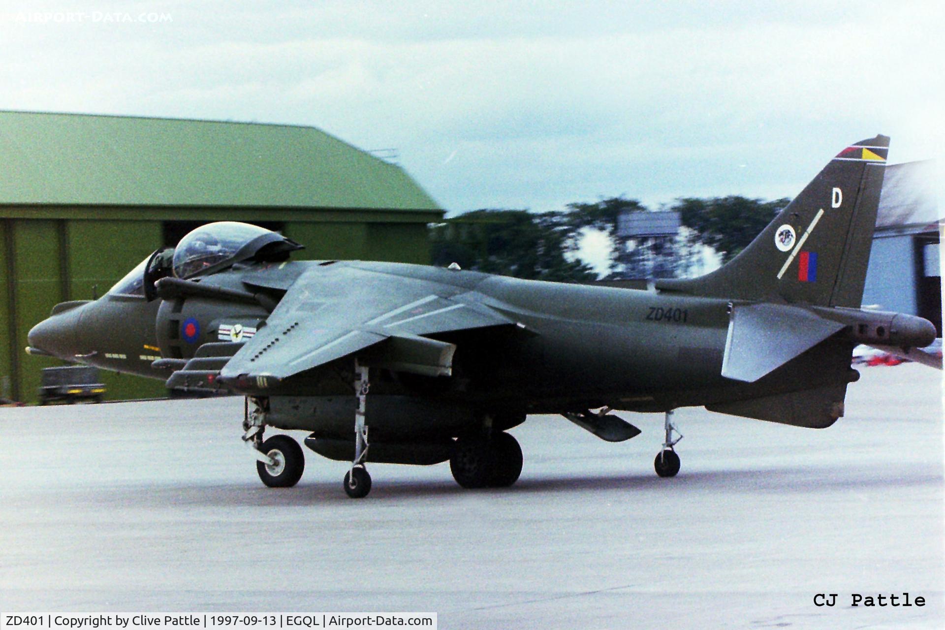 ZD401, 1988 British Aerospace Harrier GR.5 C/N P30, Pictured at RAF Leuchars EGQL - scanned from old negative - apols for reduction in quality.