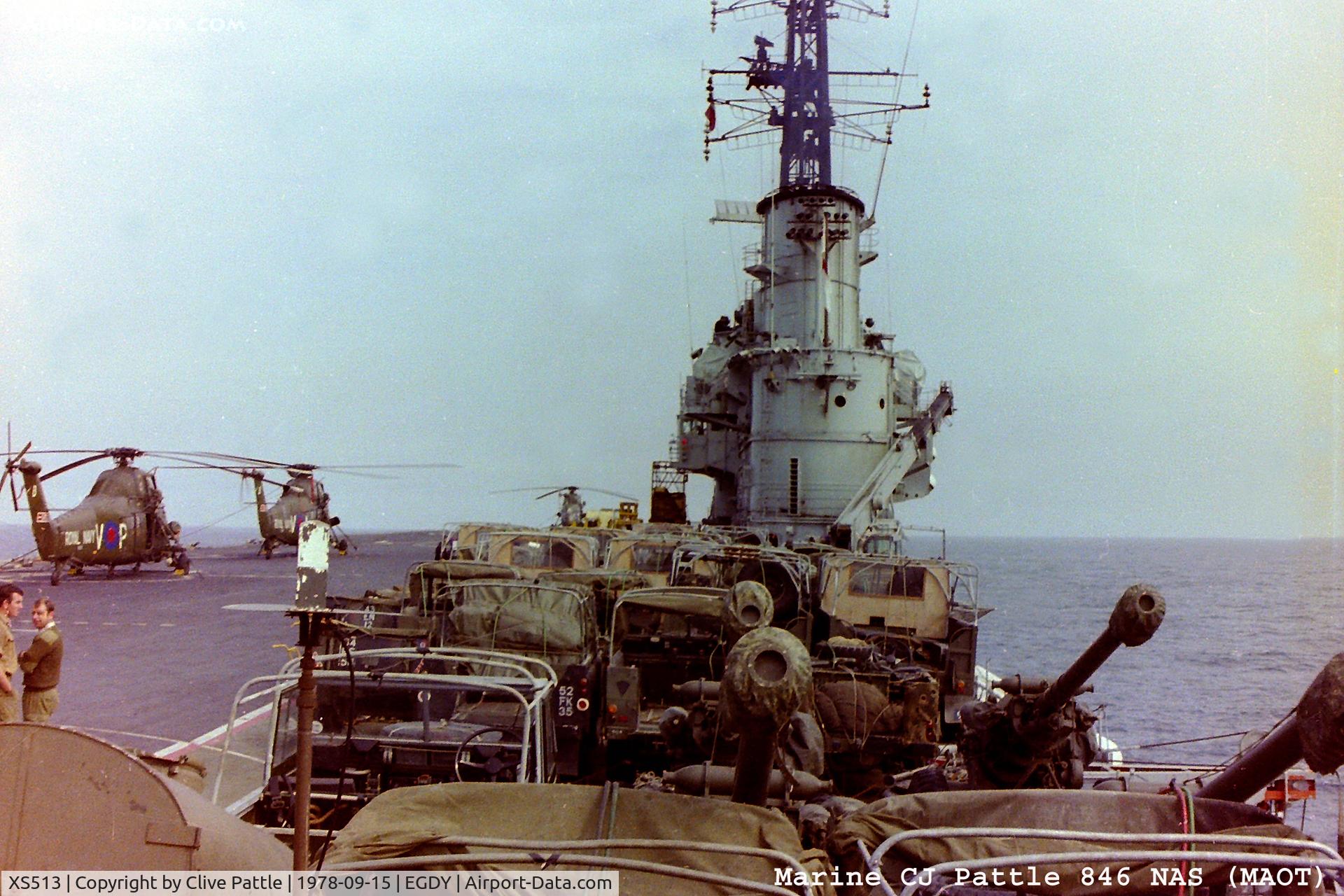 XS513, 1964 Westland Wessex HU.5 C/N WA182, Scanned from old negative - XS513 pictured on the Flightdeck of HMS Bulwark (R08) whilst coded 'VP' of 846 Naval Air Squadron. Photo taken in Norwegian waters with 45 Commando RM vehicles and guns onboard. EGDY used for search only.