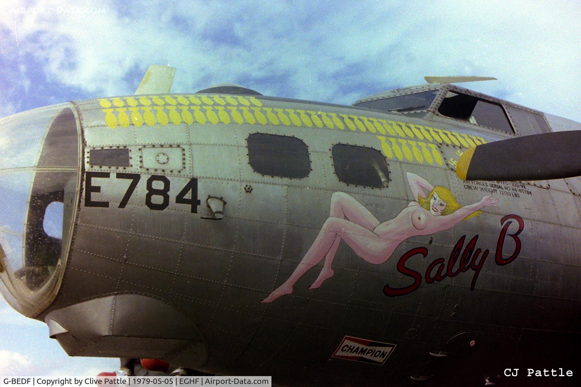 G-BEDF, 1944 Boeing B-17G Flying Fortress C/N 8693, Scanned from a negative taken at the 1979 HMS Daedalus airshow (RNAS Lee-On-Solent EGHF) when she was painted in her 'Sally B' silver colour scheme sporting some WWII period artwork.