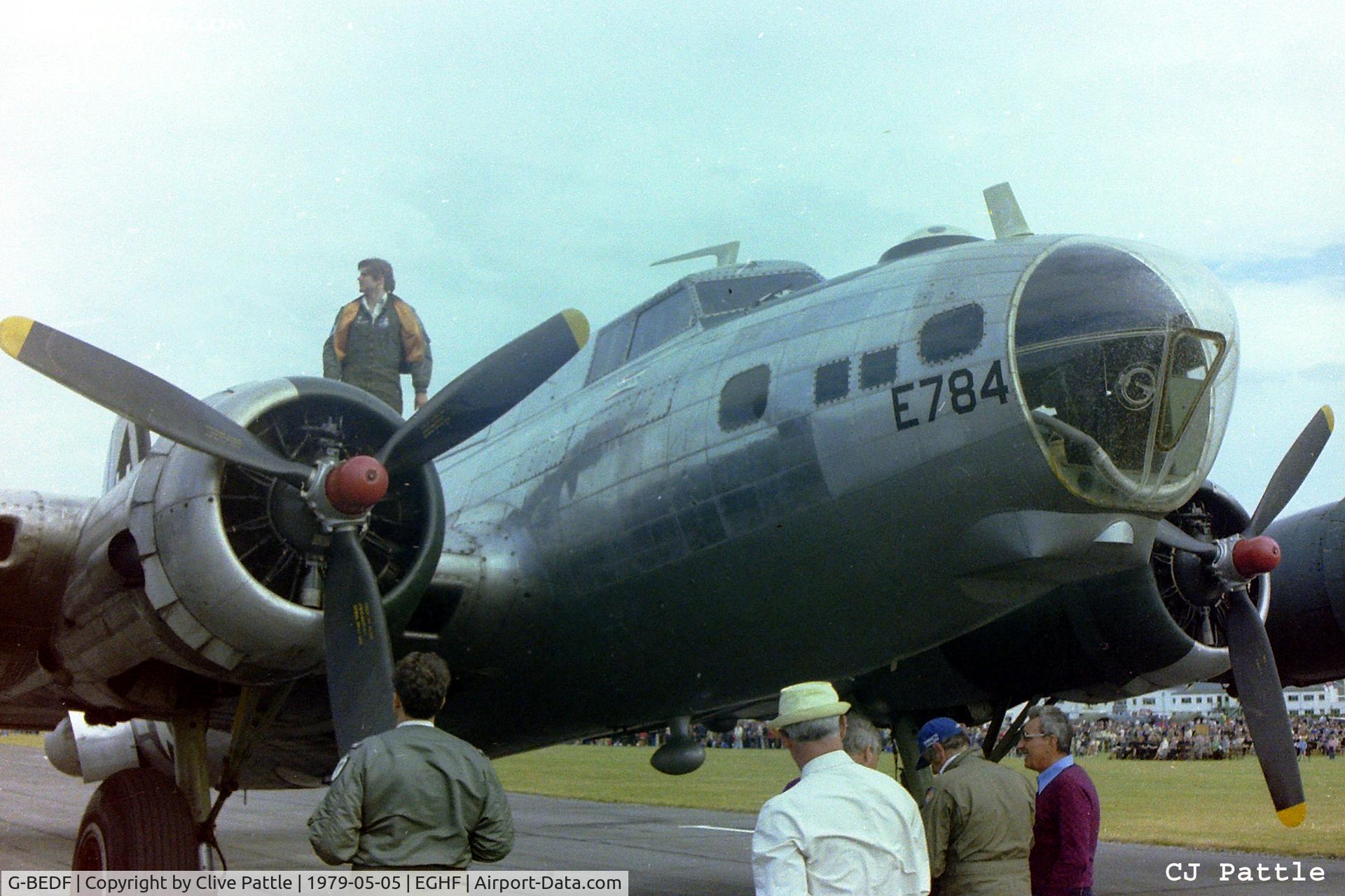 G-BEDF, 1944 Boeing B-17G Flying Fortress C/N 8693, Scanned from a old negative. I took this photo at the 1979 HMS Daedaulus airshow (RNAS Lee-On-Solent - EGHF) in the old 'Sally B'colour scheme. I was airside as aircrew (see the crowdline in the rear). Apols for the bodies.