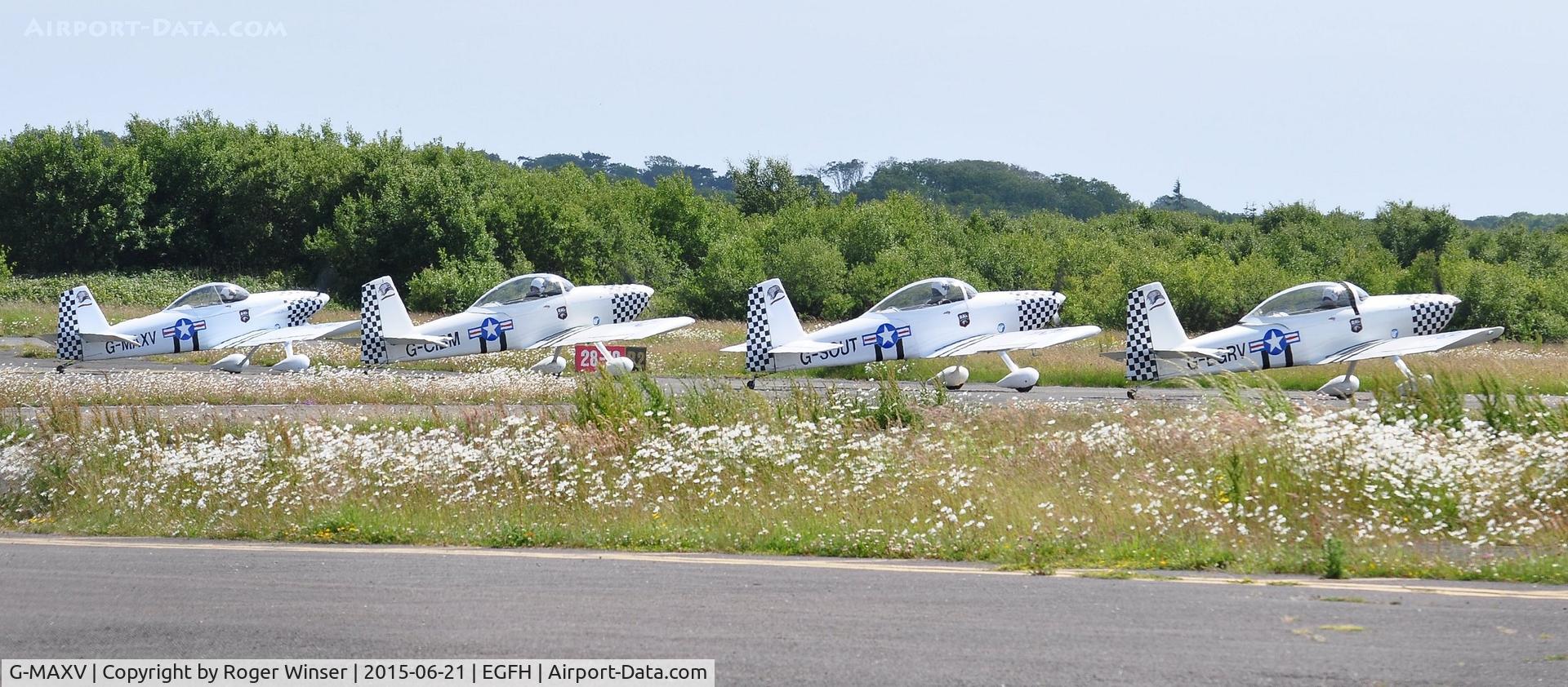 G-MAXV, 2000 Vans RV-4 C/N PFA 181-13266, The lead aircraft of Team Raven with 3 Vans RV-8 aircraft of the team waiting for departure permission. The fifth aircraft (G-VFDS) is unavailable for the time being.