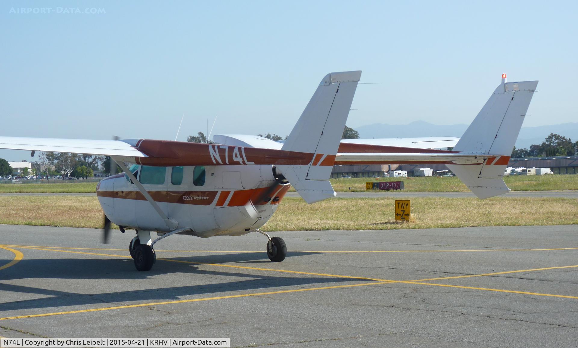 N74L, 1977 Cessna 337G Super Skymaster C/N 33701814, A local (?) 1977 Cessna 337G (JET 22 INC.) taxing to the south tie downs at Reid Hillview Airport, CA after a VFR landing from who knows where. It comes and parks at the tie downs for long periods of times without moving, then disappears for a few months.