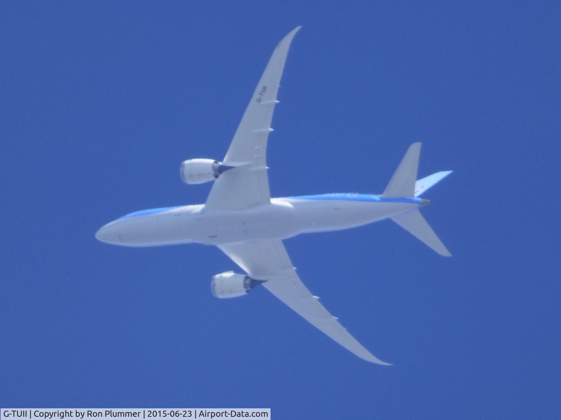 G-TUII, 2015 Boeing 787-8 Dreamliner C/N 37230, Thompson Airways Boeing 787-8 Dreamliner en route from Manchester International (UK) to Orlando, Florida. Flight path across River Dee and out over Liverpool Bay. Photo taken using a Panasonic DMC FZ-72 bridge camera. 23rd. June 2015.  11:06 BST.