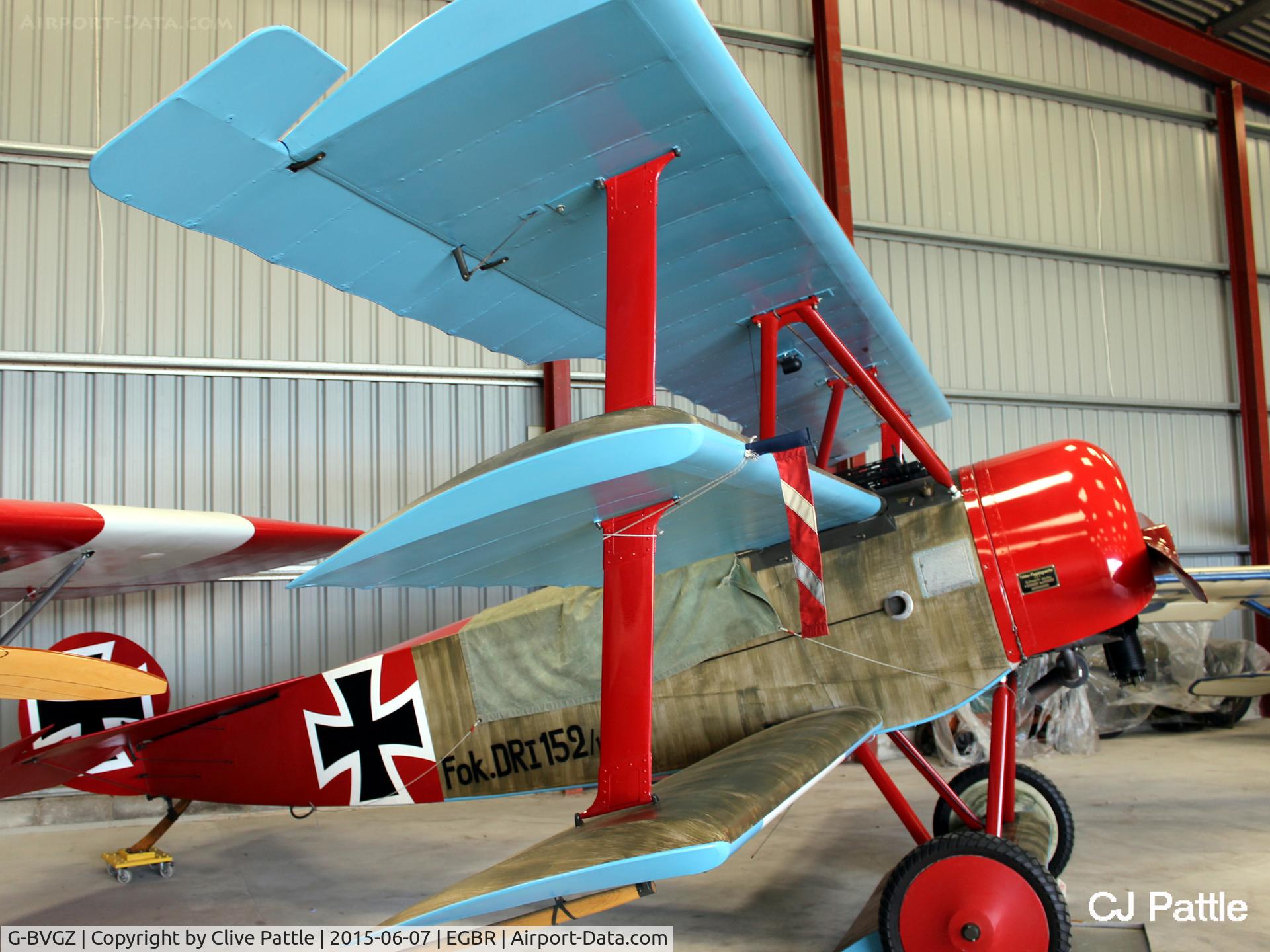 G-BVGZ, 1994 Fokker Dr.1 Triplane Replica C/N PFA 238-12654, Hangared at The Real Aeroplane Company Ltd, Breighton Airfield, Yorkshire, U.K.  - EGBR