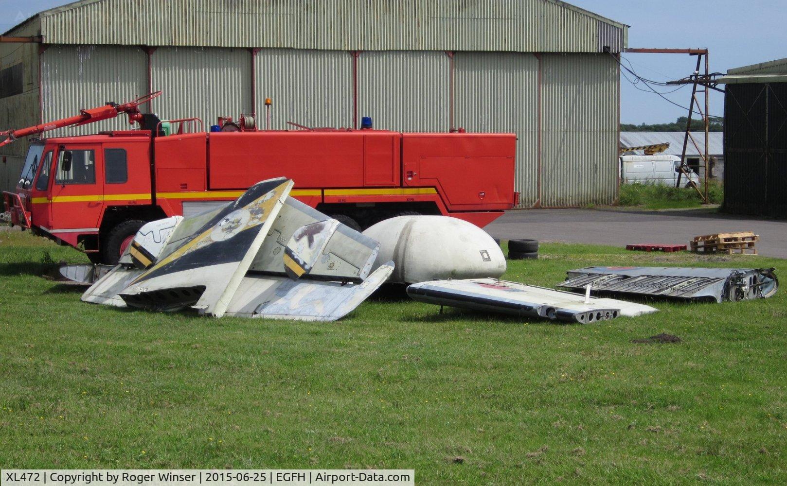 XL472, 1959 Fairey Gannet AEW.3 C/N F9441, Tailplane, fin, inner and outer folding wing sections and radome of the ex-Royal Navy aircraft recently delivered to Swansea Airport.