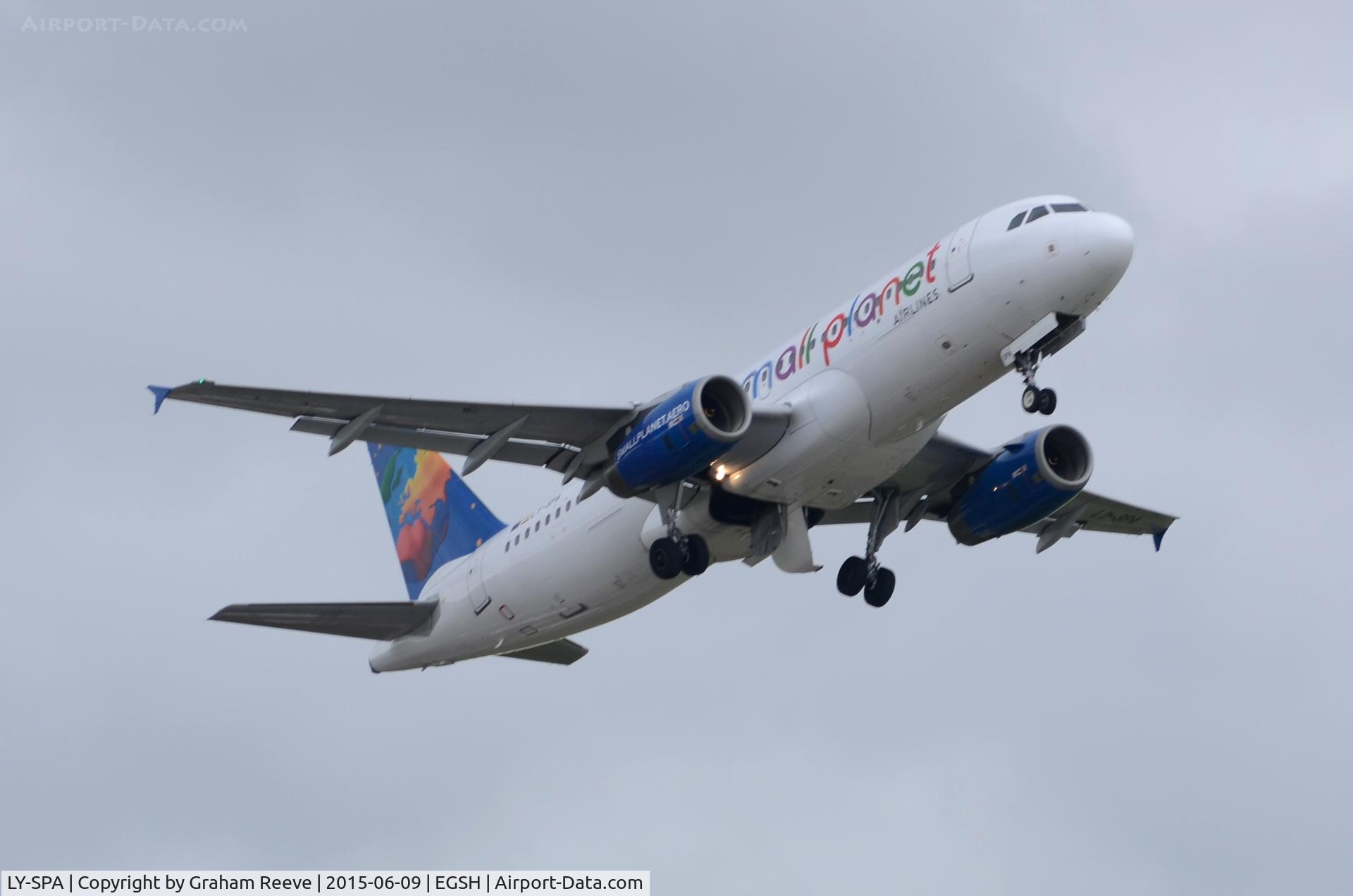 LY-SPA, 2002 Airbus A320-232 C/N 1715, Departing from Norwich.