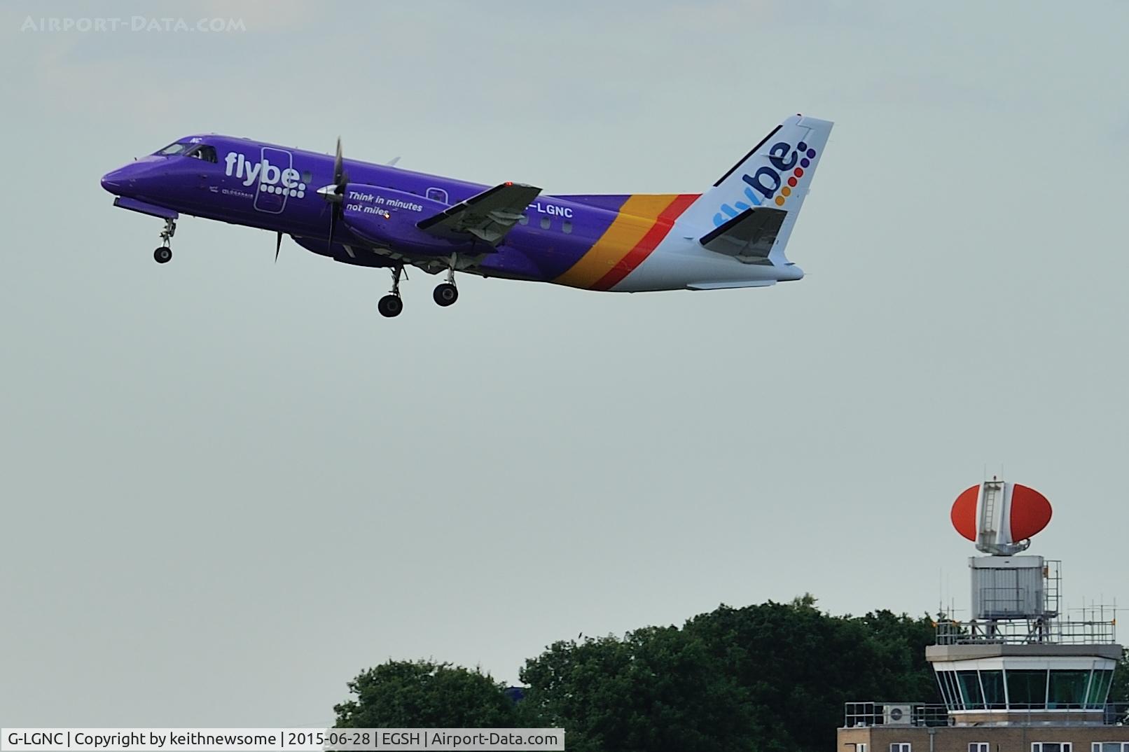 G-LGNC, 1992 Saab 340B C/N 340B-318, Leaving in Flybe purple colour scheme.