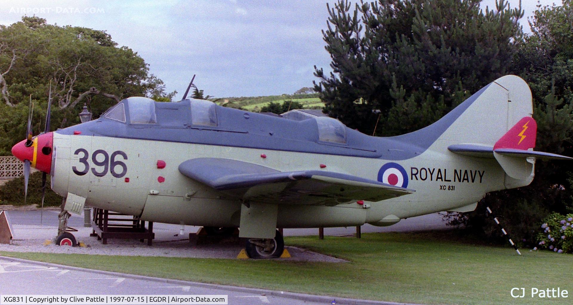 XG831, 1957 Fairey Gannet ECM.6 C/N F9373, On display at the long-gone Cornwall Aero Park Museum/Flambards Village Holiday Park at Helston, Cornwall, in July 1997. This aircraft previously with the School of Flight Deck Operations at nearby RNAS Culdrose. EGDR used for search purposes only.