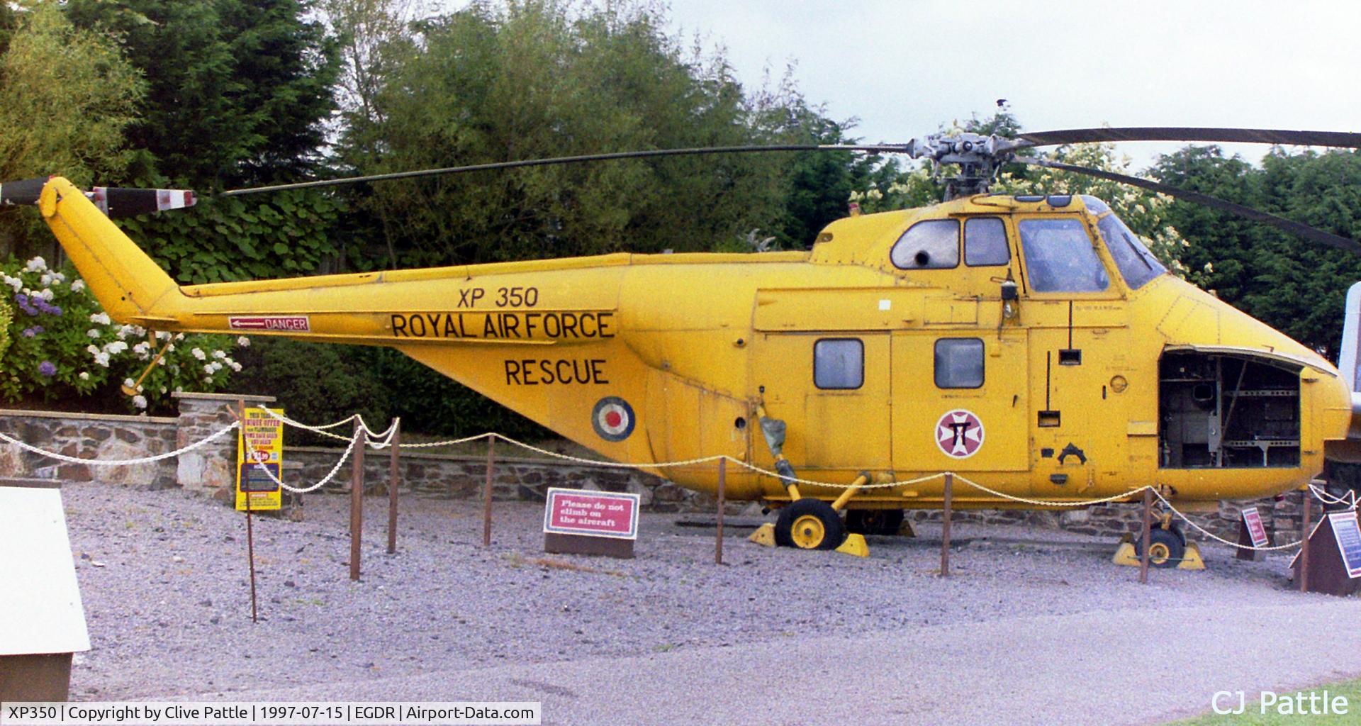 XP350, 1962 Westland Whirlwind HAR.10 C/N WA366, On display at the long-gone Cornwall Aero Park Museum/Flambards Village Holiday park at Helston, Cornwall, in July 1997. This aircraft previously with 202 Sqn RAF. EGDR used for search purposes only. Now a paintball target in Basset's Pole, Staffordshire.