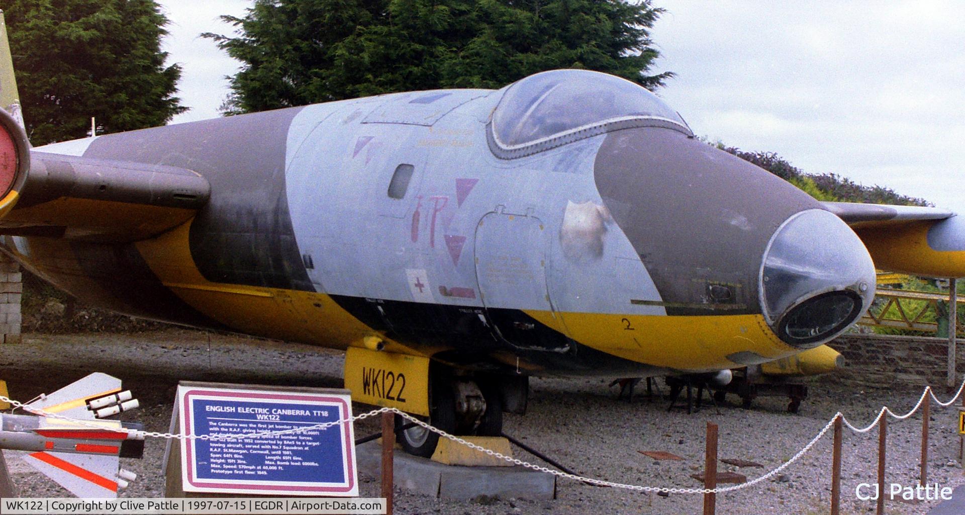 WK122, 1954 English Electric Canberra TT.18 C/N R3/EA3/6636, On display at the Cornwall Aero Park Museum/Flambards Village Holiday park, Helston, Cornwall. This former RAF B.2 was scrapped circa 2000 with the nose section being saved. EGDR used for search purposes only.