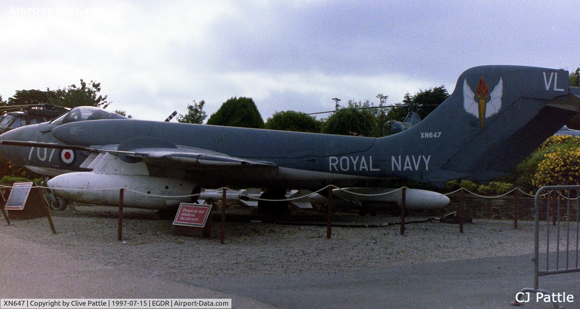XN647, 1961 De Havilland Sea Vixen FAW.2 C/N 10079, On display at the long-gone Cornwall Aero Park Museum/Flambards Village Holiday park at Helston, Cornwall, in July 1997. This aircraft previously with the School of Flight Deck Operations at nearby EGDR with the RN maintenance Serial A2610. Later scrapped
