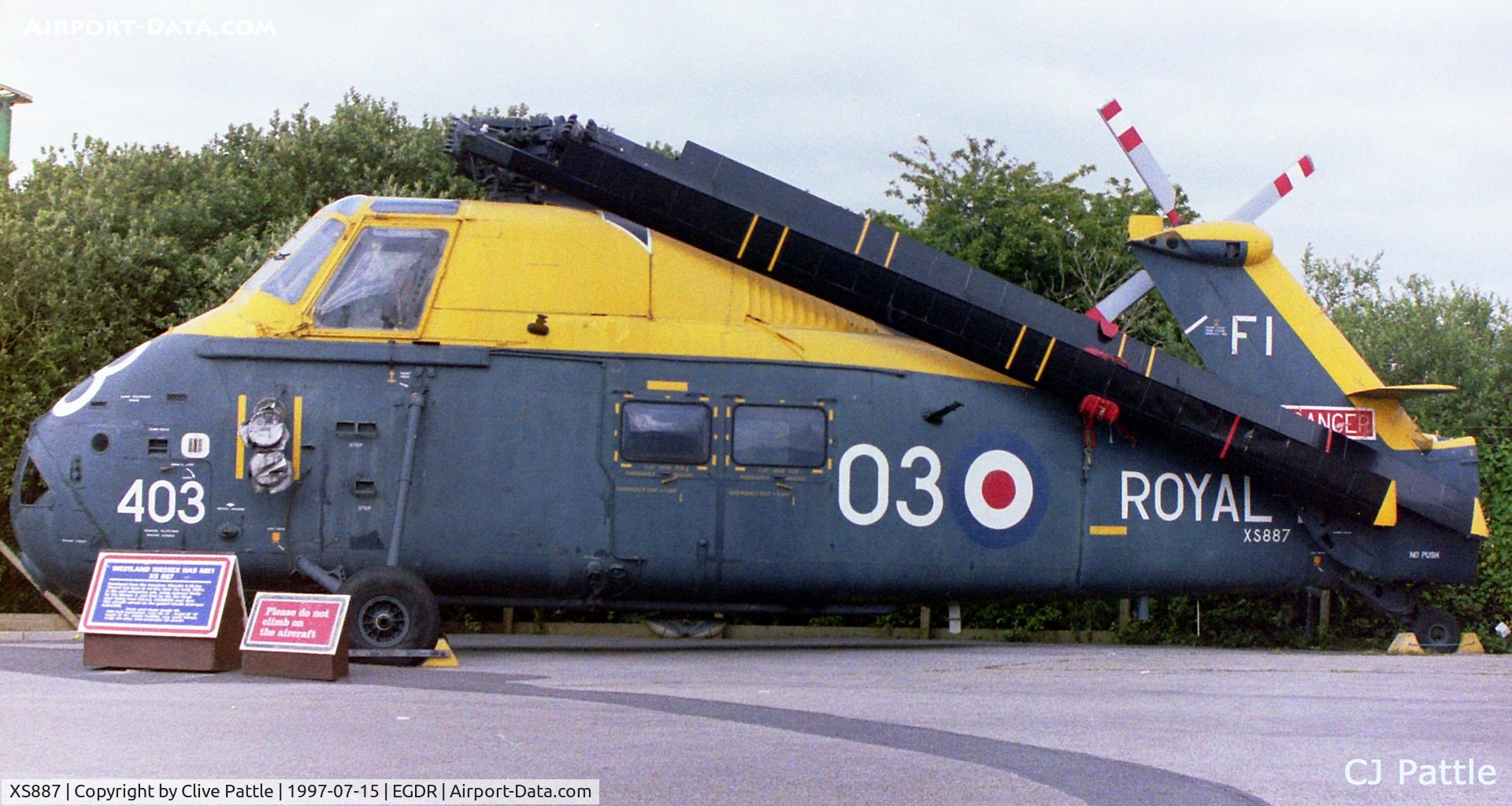 XS887, 1966 Westland Wessex HAS.1 C/N WA267, On display at the Cornwall Aero Park Museum/Flambards Village Holiday park at Helston, Cornwall, in July 1997. This aircraft previously with the School of Flight Deck Operations at nearby EGDR with the RN maintenance Serial A2690. Now pres at Aeroventure
