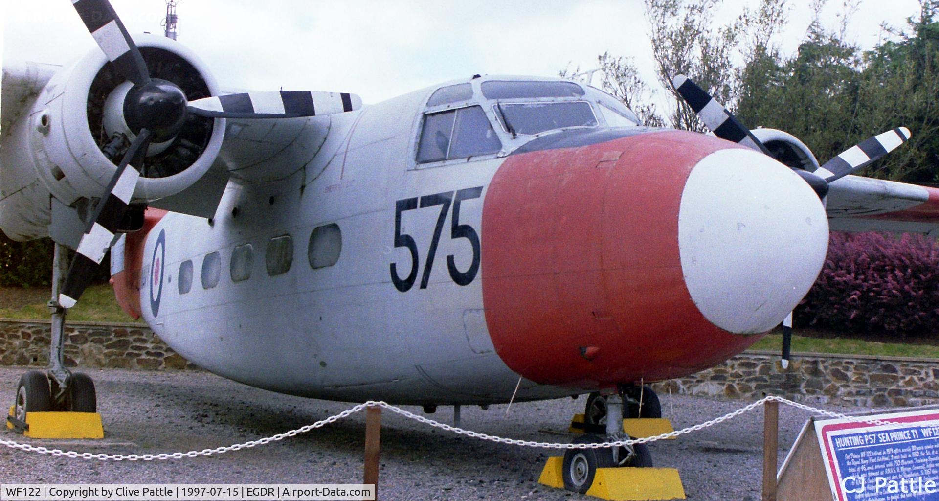 WF122, 1951 Percival P-57 Sea Prince T1 C/N P57/18, Scanned from old negative. WF122 on display at the long-gone Cornwall Aero Park Museum/Flambards Village Holiday park at Helston, Cornwall, in July 1997.