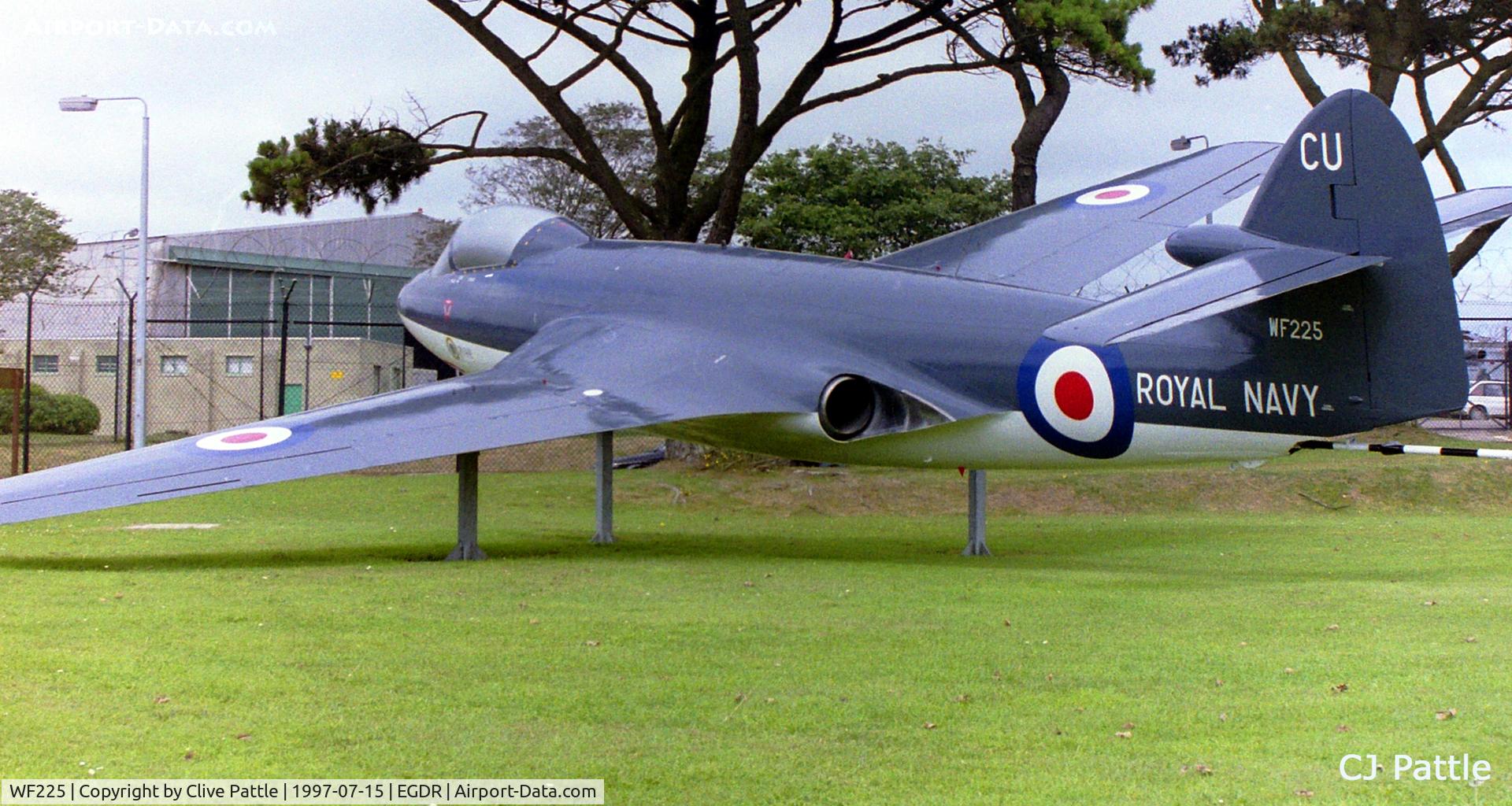 WF225, 1953 Hawker Sea Hawk F.1 C/N 5885, Scanned from old negative. WF225 on gate guard duty at HMS Seahawk, RNAS Culdrose, Helston, Cornwall (EGDR)