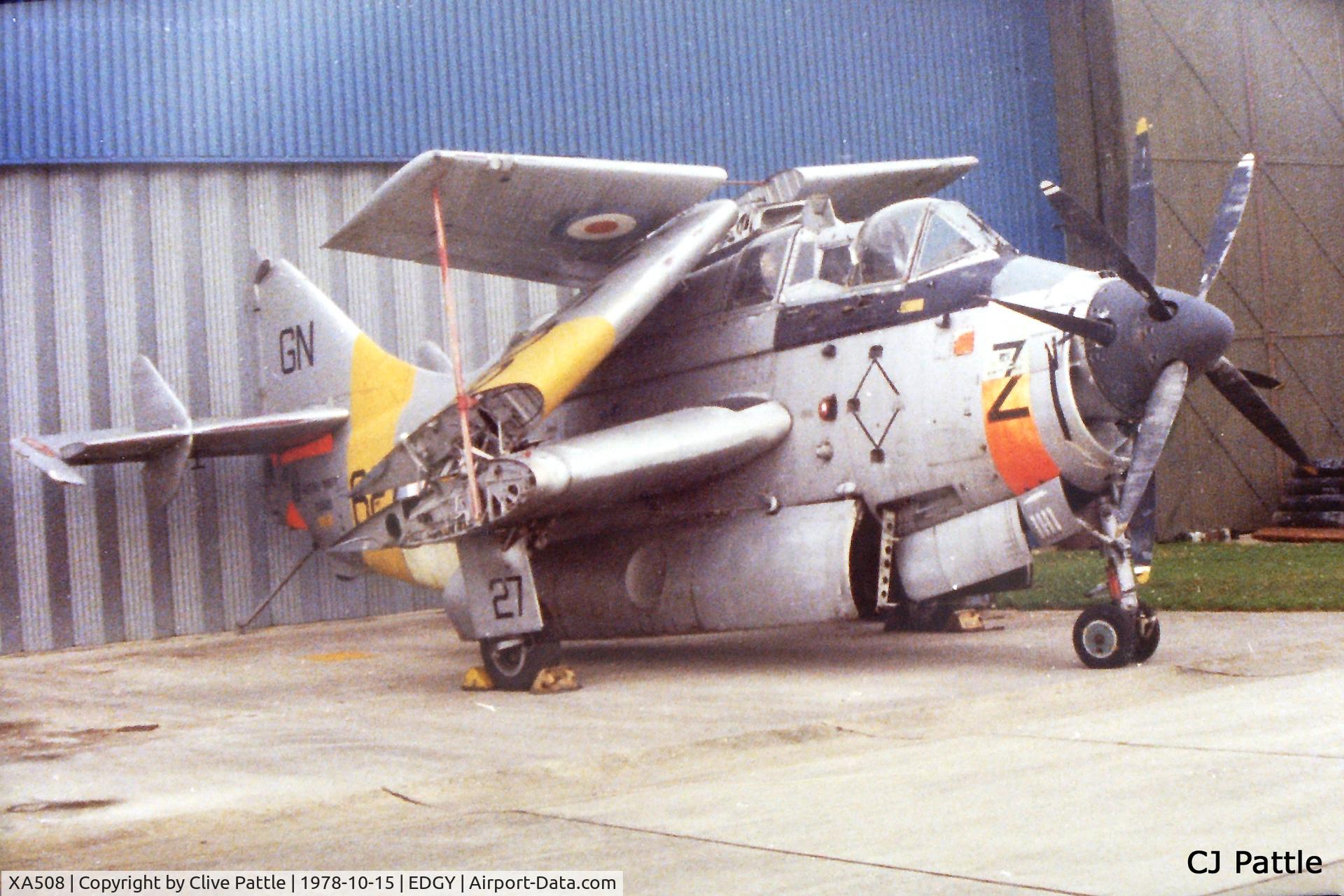 XA508, 1955 Fairey Gannet T.2 C/N F9327, Pictured in external storage outside the Fleet Air Arm Museum at RNAS Yeovilton in Oct 1978. Currently on loan to the Midlands Air Museum at Coventry.
