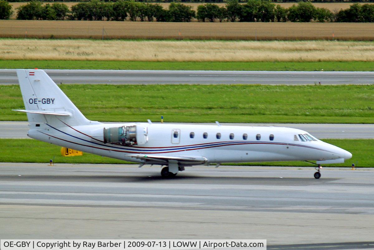 OE-GBY, 2006 Cessna 680 Citation Sovereign C/N 680-0066, Cessna Citation Sovereign [680-0066] Vienna-Schwechat~OE 13/07/2009. Just returning from the blast area where engine check was carried out.