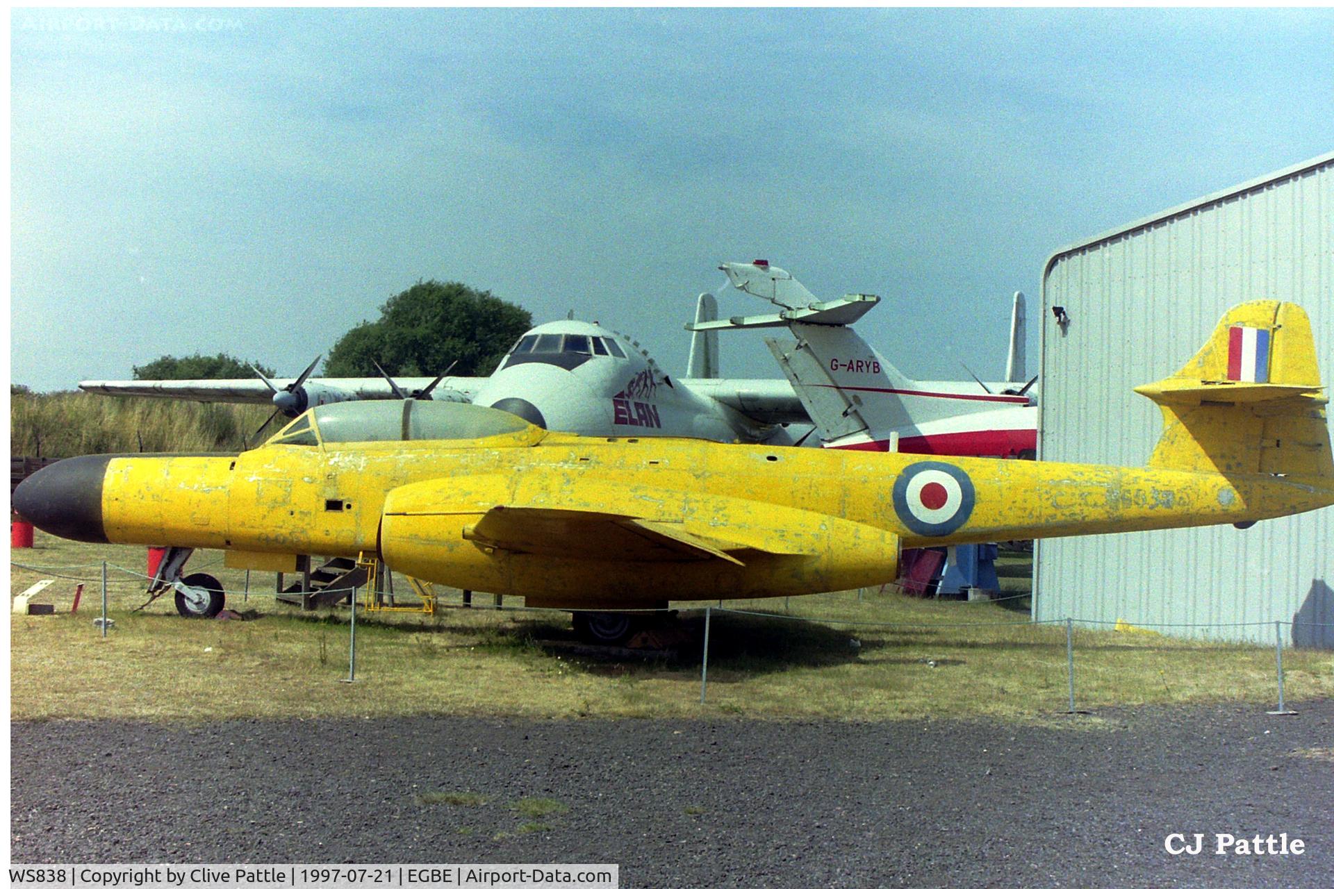 WS838, 1954 Gloster Meteor NF.14 C/N Not found WS838, Looking rather poorly in 1997, with it's '92 coat of paint (see Malcolm Clarke's photo of the same aircraft)  looking extremely shabby at the Midland Air Museum, Coventry EGBE