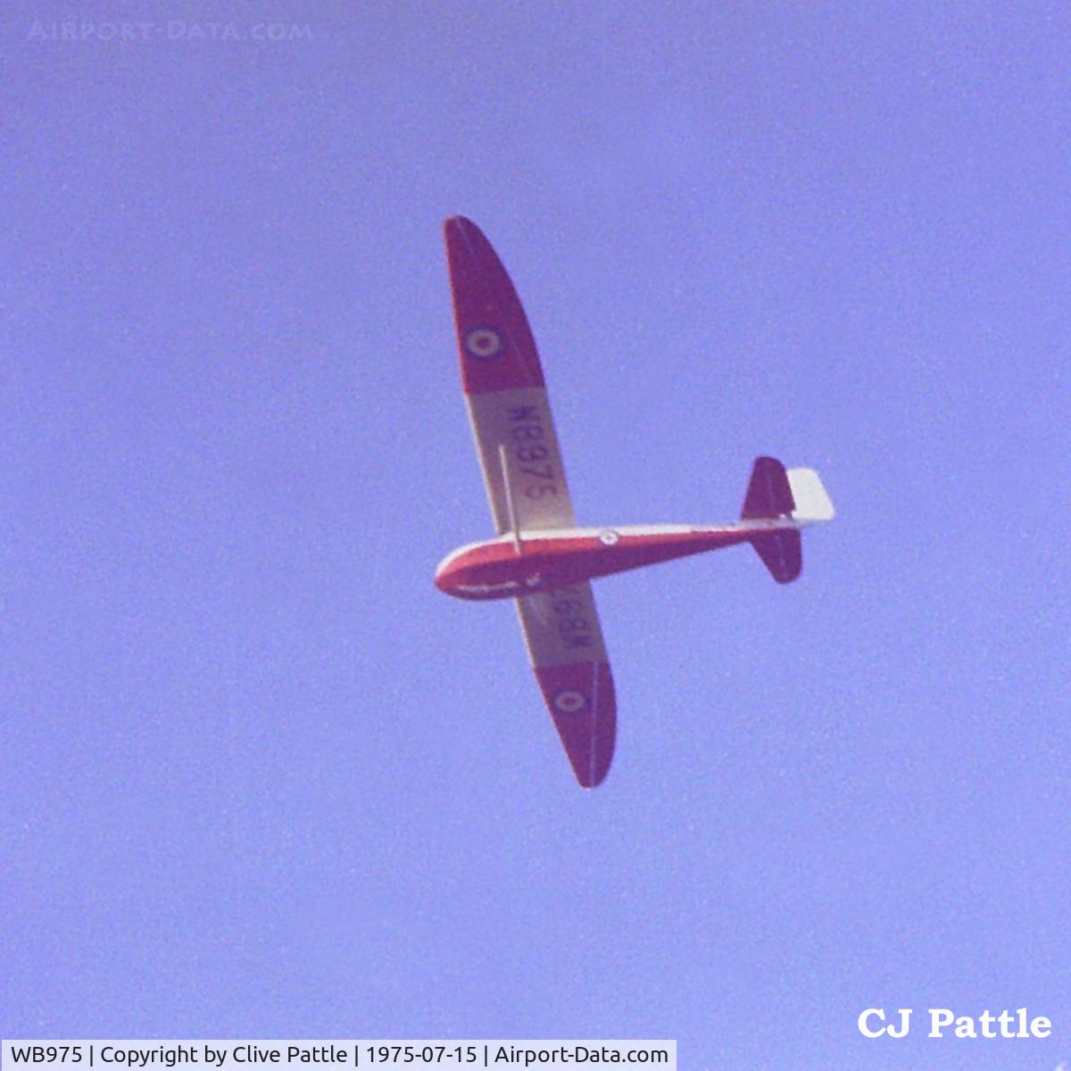 WB975, Slingsby T-21 Sedbergh TX.1 C/N MH002, Seen in flight whilst WB975 with 662 VGS at RM Condor, Arbroath in the mid '70's. Scanned from a '110' neg - A/c later became BGA3288