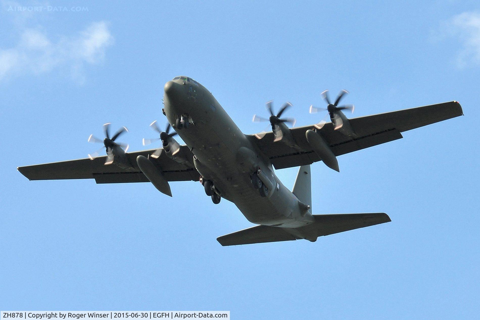ZH878, 1998 Lockheed Martin C-130J-30 Hercules C.4 C/N 382-5462, RAF Hercules C.4 aircraft coded 878 of the Brize Norton Transport Wing over Runway 22.
Note recently fitted under wing fuel tanks