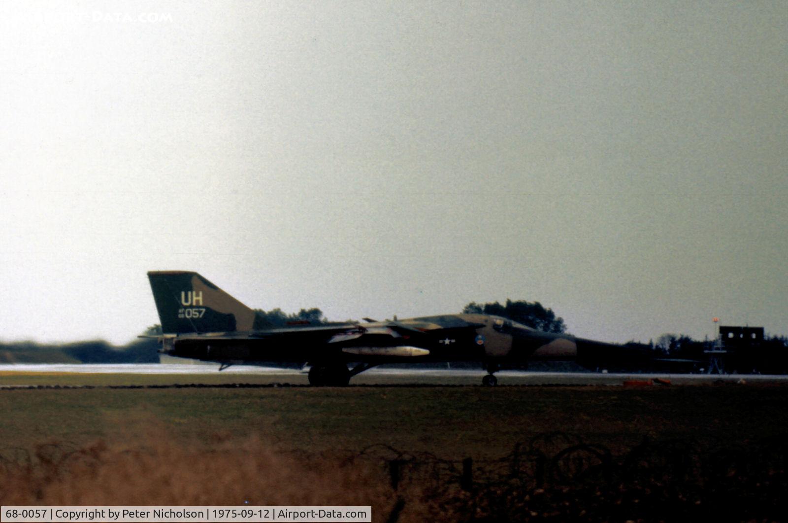 68-0057, 1968 General Dynamics F-111E Aardvark C/N A1-226, F-111E of 20th Tactical Fighter Wing taxying at RAF Upper Heyford in September 1975.