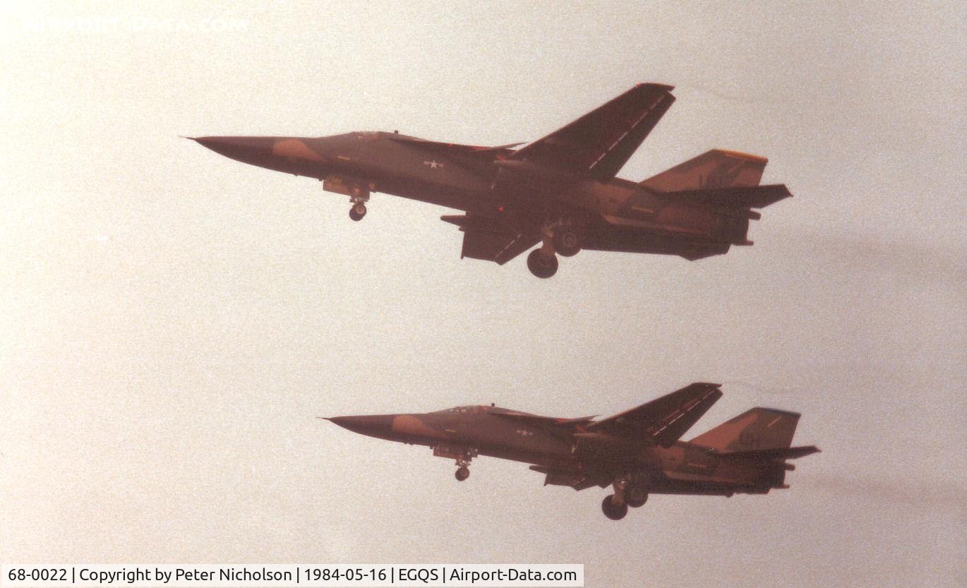 68-0022, 1968 General Dynamics F-111E Aardvark C/N A1-191, Paired approach at RAF Lossiemouth by two F-111E's of 20th Tactical Fighter Wing based at RAF Upper Heyford.