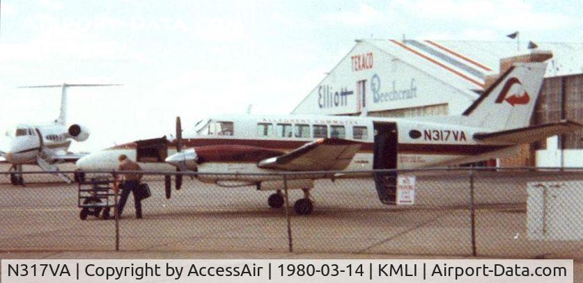 N317VA, 1969 Beech 99 C/N U-72, Britt Airlines/Allegheny Commuter Beech 99, N317VA. Shot on Good Friday 1980 at the Moline/Quad City Airport.