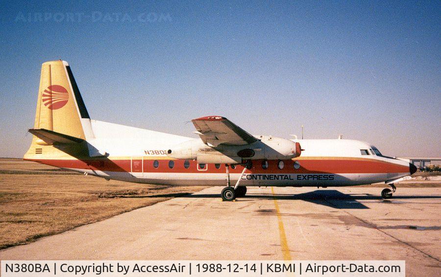 N380BA, 1959 Fairchild F-27F C/N 57, Actually an F-27J, we see this plane parked minus a prop wearing full Continental Express colours. The aircraft is owned by Britt Airways.