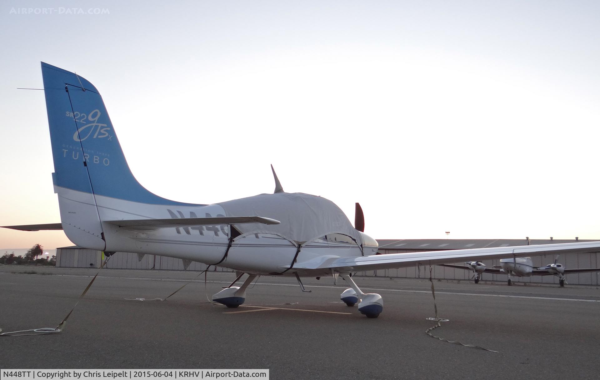 N448TT, 2008 Cirrus SR22 G3 GTSX Turbo C/N 3073, A local 2008 Cirrus SR22 Turbo sitting at the south tie downs during sunset at Reid Hillview Airport, CA.